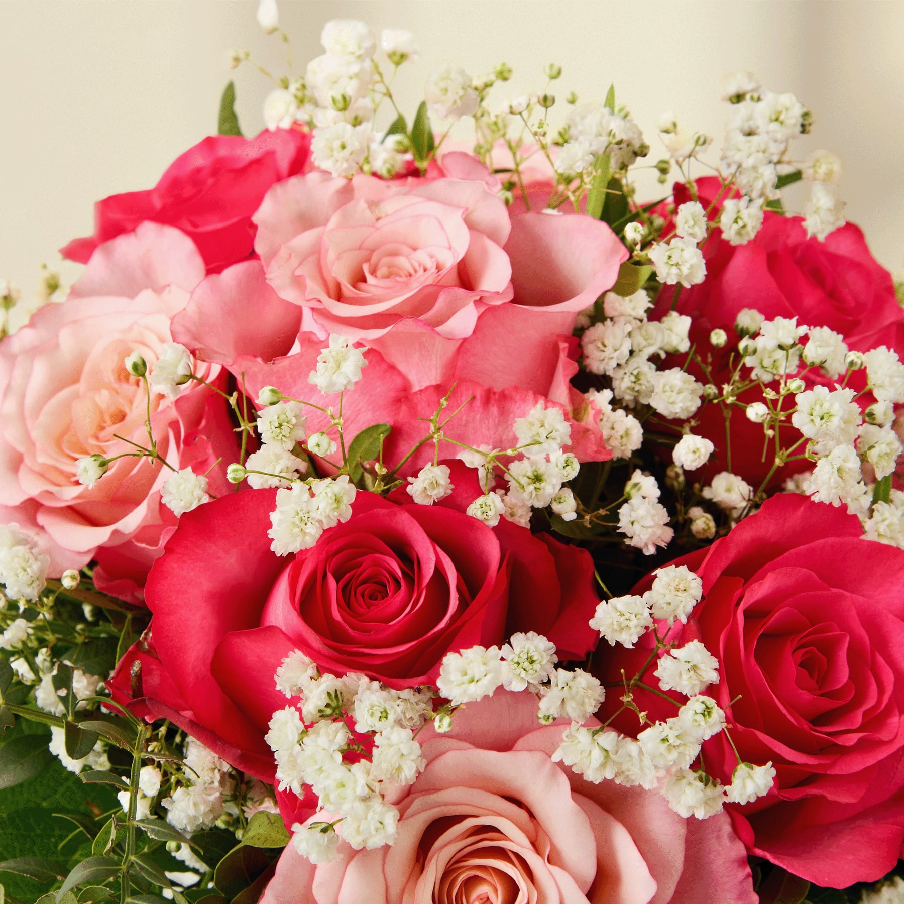 Eine Hand hält einen wunderschönen Strauß leuchtend rosa und roter Rosen, Schleierkraut und anderer zarter Blumen, die in einer Glasvase vor einem schlichten, hellen Hintergrund arrangiert sind.