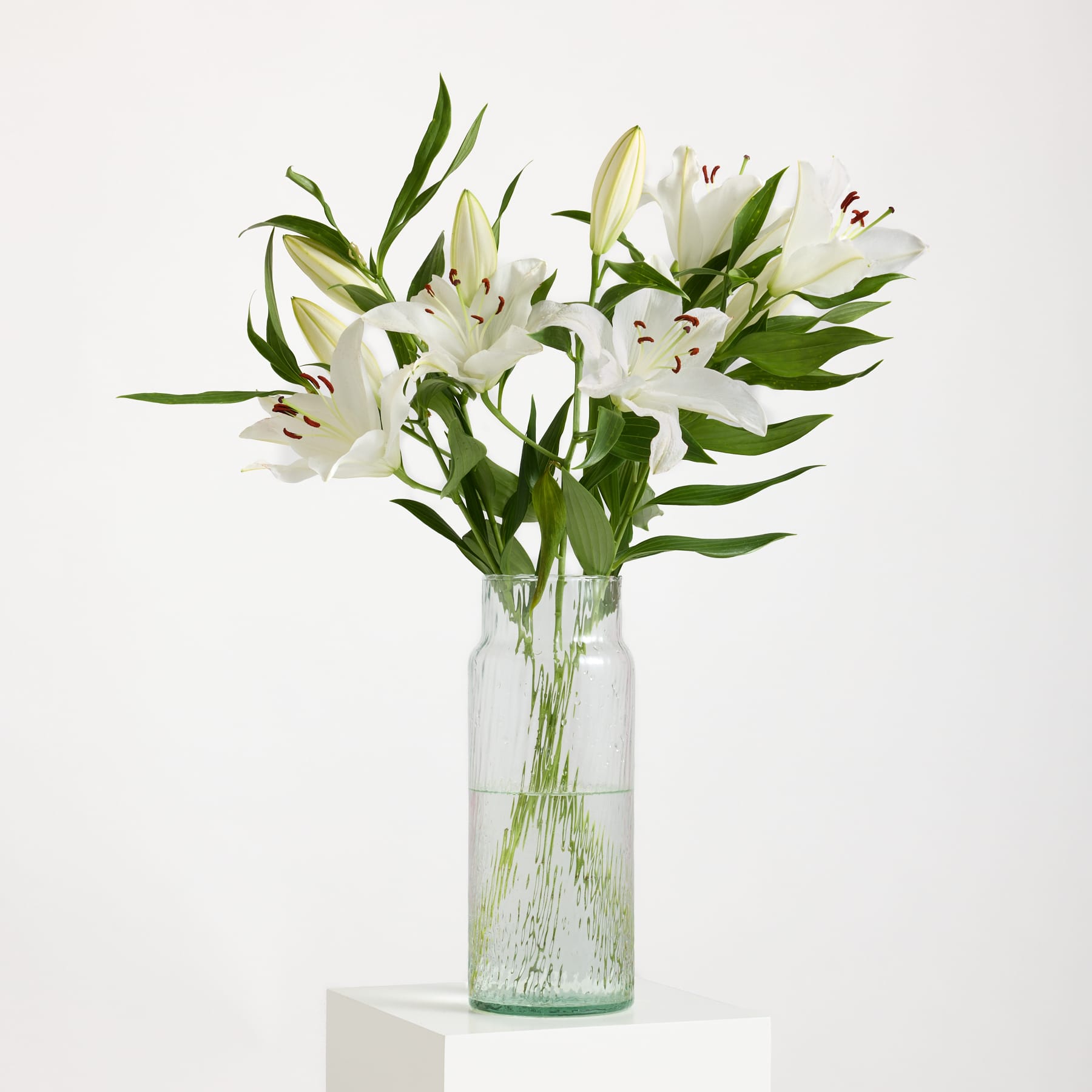 Ein Strauß wunderschöner weißer Lilien in einer Glasvase vor schlichtem weißen Hintergrund.