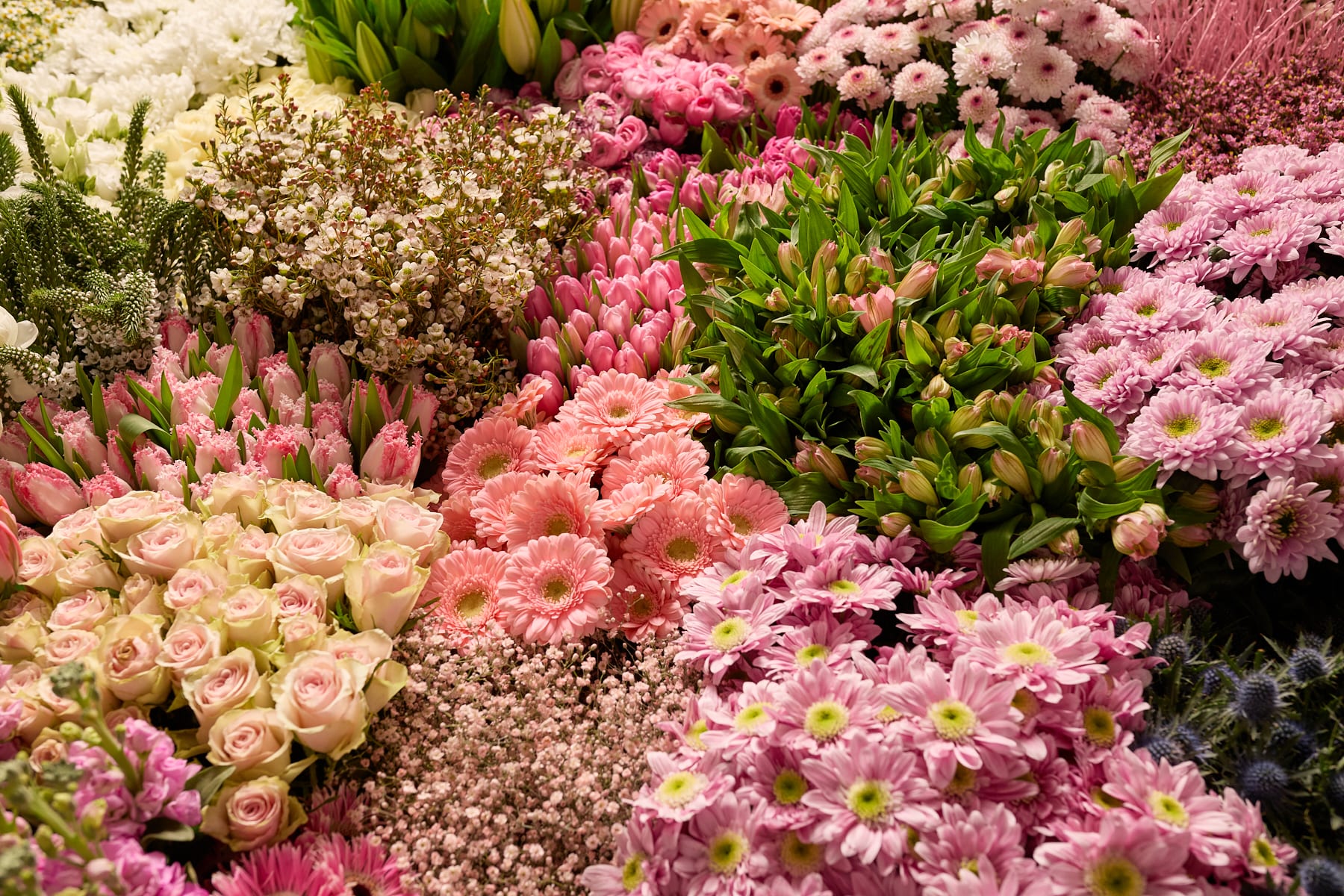 Ein lebendiges und üppiges Arrangement aus verschiedenen rosa und weißen Blumen, darunter Rosen, Chrysanthemen und andere Blüten, vor einem grünen Hintergrund.