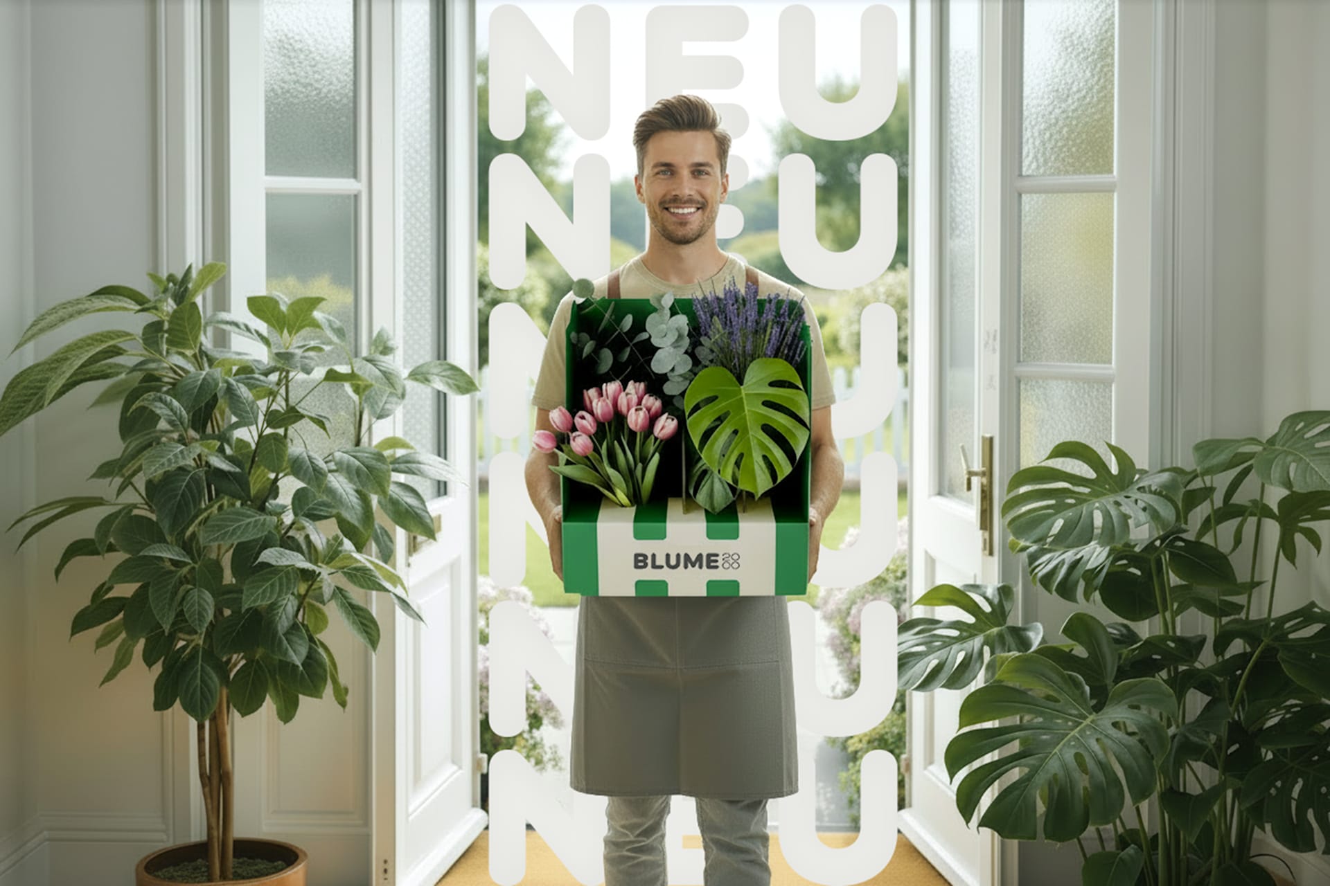 Ein lächelnder Mann in einer geblümten Schürze steht in einem hellen, mit Pflanzen gefüllten Raum und hält eine Schachtel Blumen in der Hand.