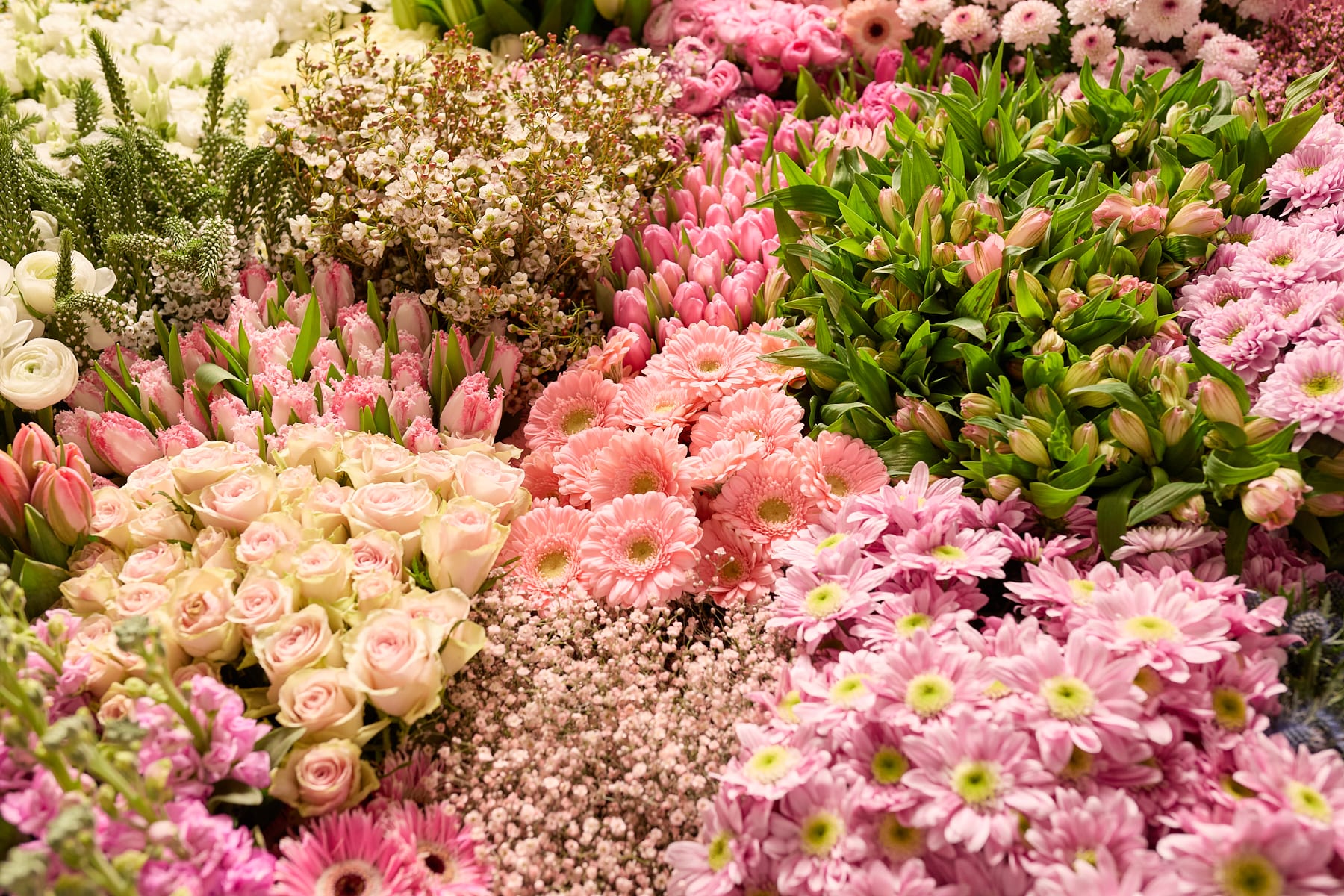 Ein lebendiges und üppiges Arrangement aus verschiedenen rosa, weißen und gelben Blumen, darunter Rosen, Gänseblümchen und andere Blüten, das ein optisch beeindruckendes und harmonisches Blumenarrangement ergibt.