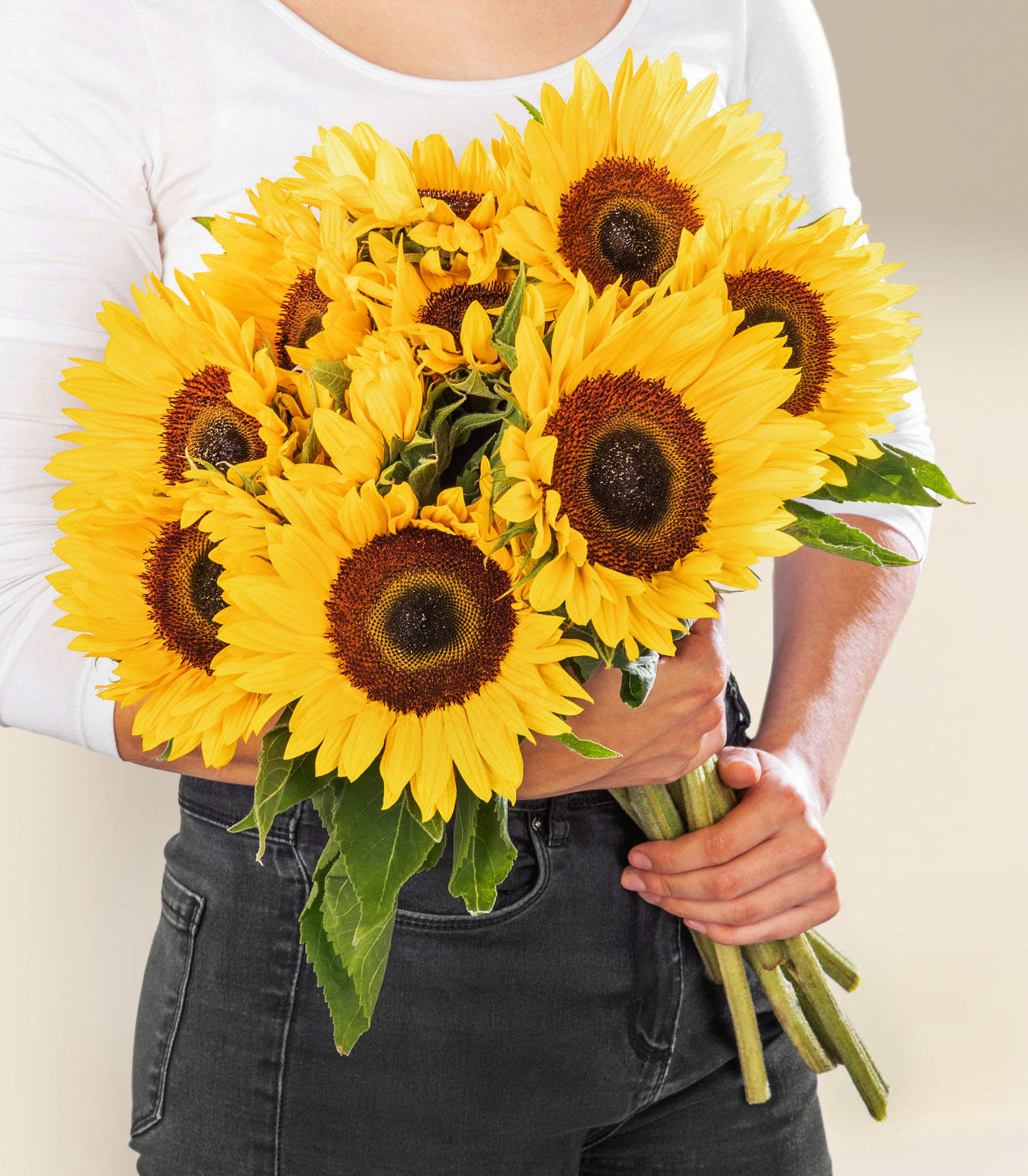 Ein Strauß leuchtend gelber Sonnenblumen in den Händen einer Person in einem weißen Hemd vor einem schlichten Hintergrund.