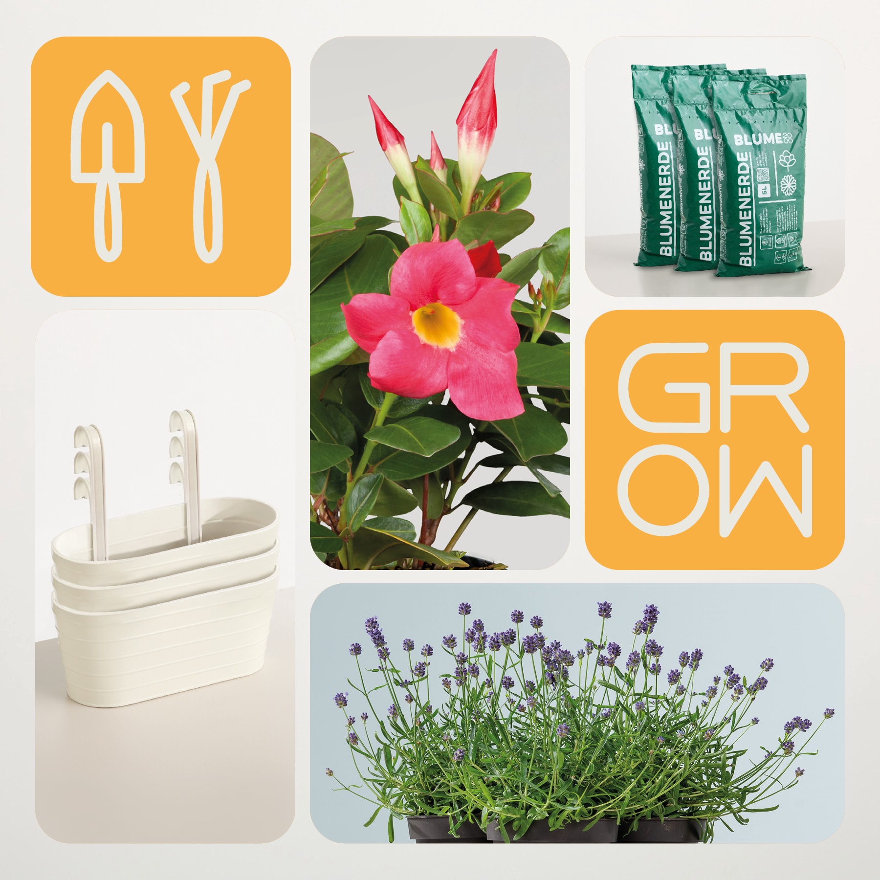 Das Bild enthält verschiedene Garten- und Pflanzenartikel, darunter ein Symbol für ein Gartengerät, eine rosa Blume, Säcke mit Gartenbedarf, einen Netzadapter und eine Topfpflanze.