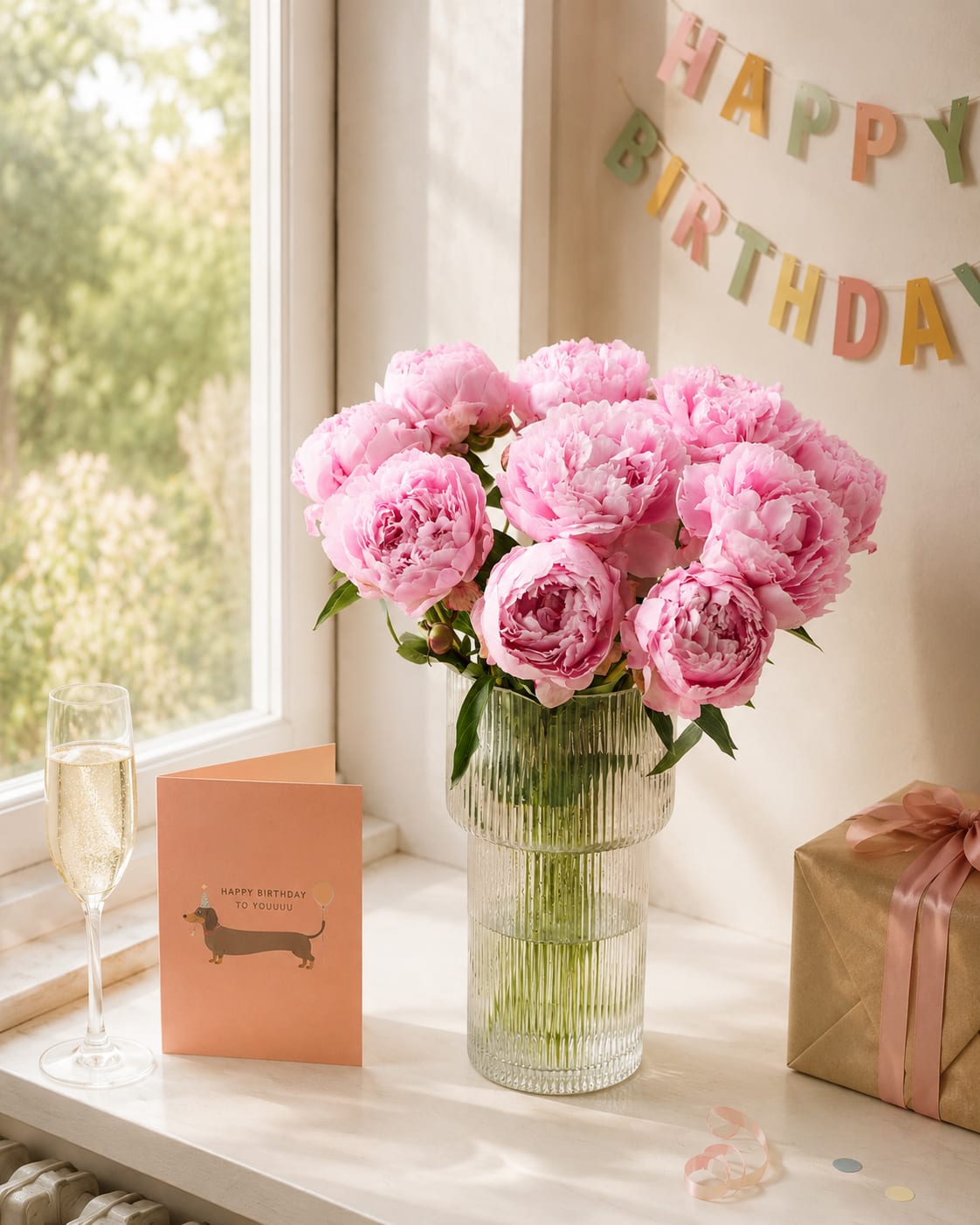 Auf dem Fensterbrett steht ein Strauß rosa Pfingstrosen in einer Glasvase neben einem Champagnerglas und einer Geburtstagskarte; im Hintergrund hängt ein Banner mit der Aufschrift „Happy Birthday“.