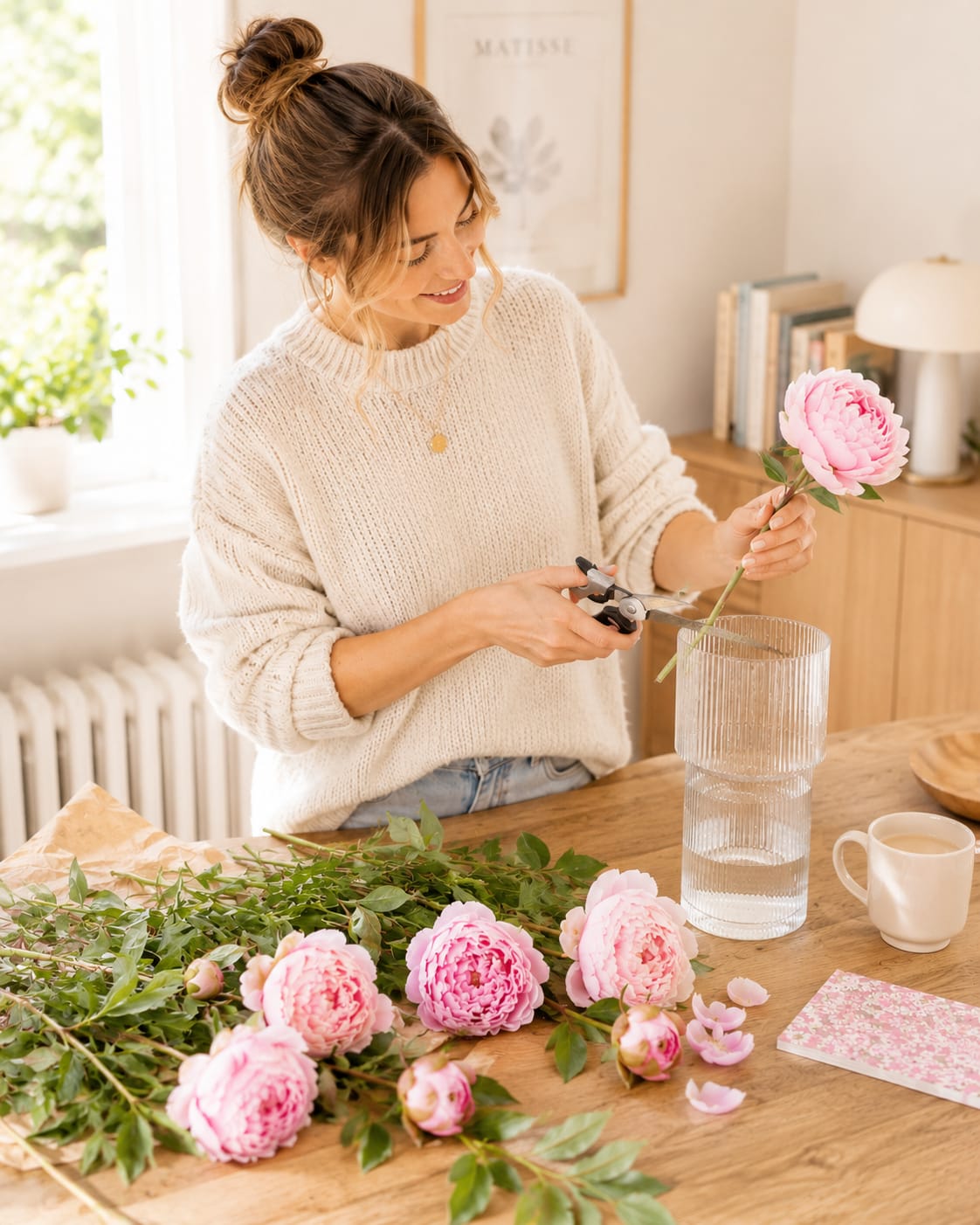 Eine Frau in einem kuscheligen Pullover arrangiert rosa Pfingstrosen auf einem Holztisch, daneben stehen eine Vase und eine Tasse, während im Hintergrund ein Bücherregal und ein Fenster mit Grünpflanzen zu sehen sind.