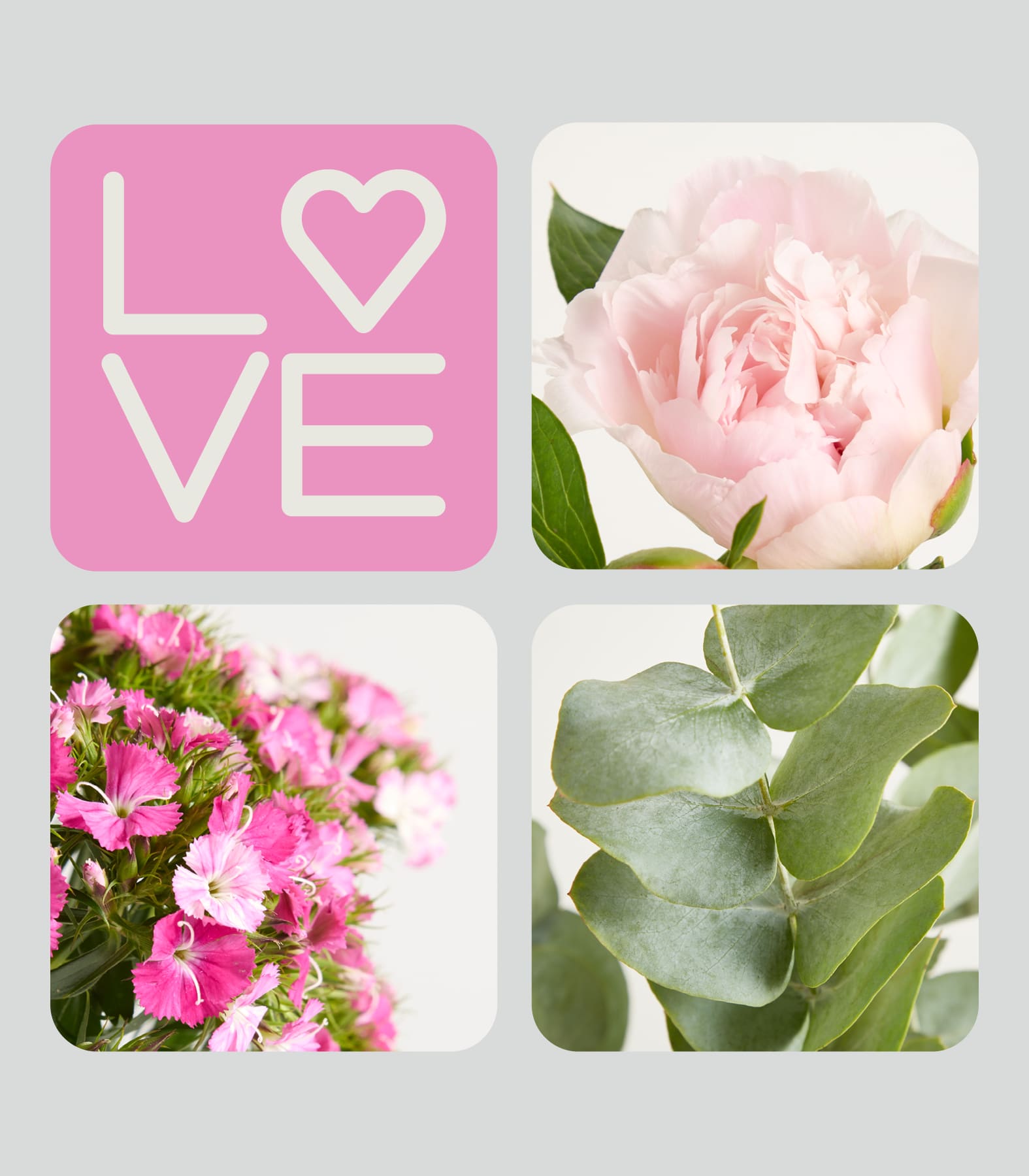 Oben links befindet sich ein rosa Quadrat mit dem Wort „LOVE“ in weißen Buchstaben, während die anderen drei Quadrate Nahaufnahmen einer rosa Pfingstrose, eines Straußes rosa Blumen und von Eukalyptusblättern zeigen.