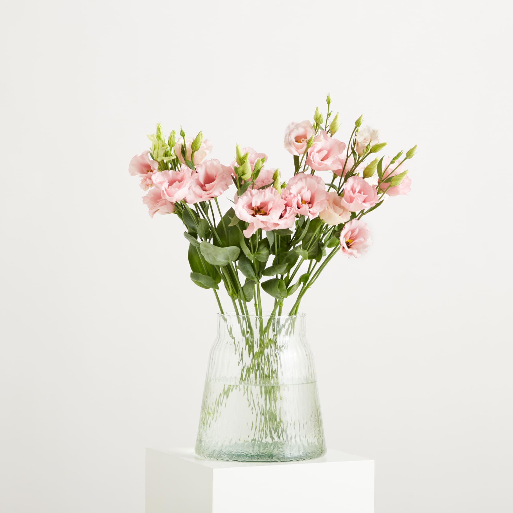 Ein Strauß zarter rosa Lisianthusblüten in einer durchsichtigen Glasvase steht auf einem weißen Sockel vor einem schlichten weißen Hintergrund.