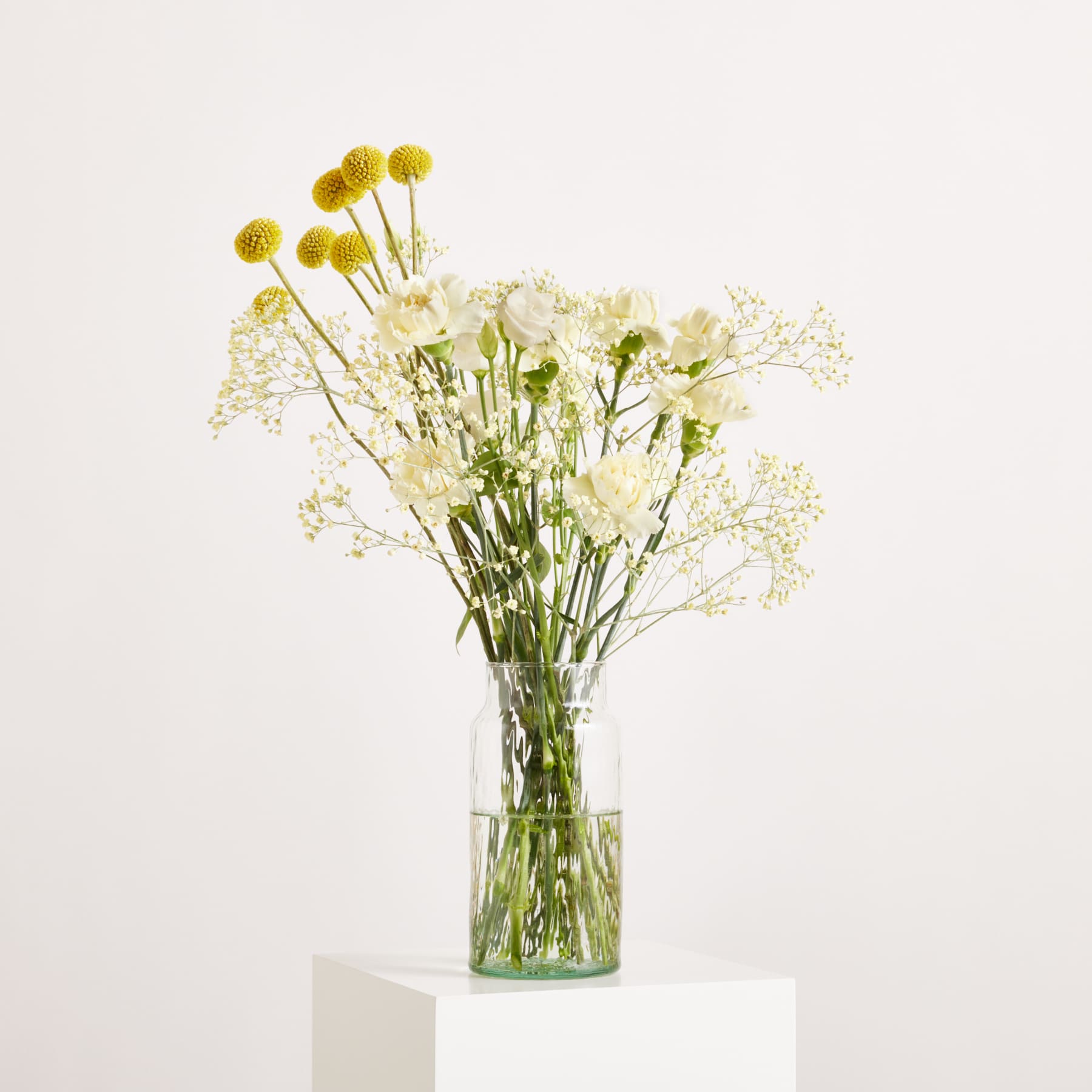 Ein Strauß weißer Blumen und gelber Craspedia steht in einer Glasvase auf einem weißen Sockel vor einem schlichten weißen Hintergrund.
