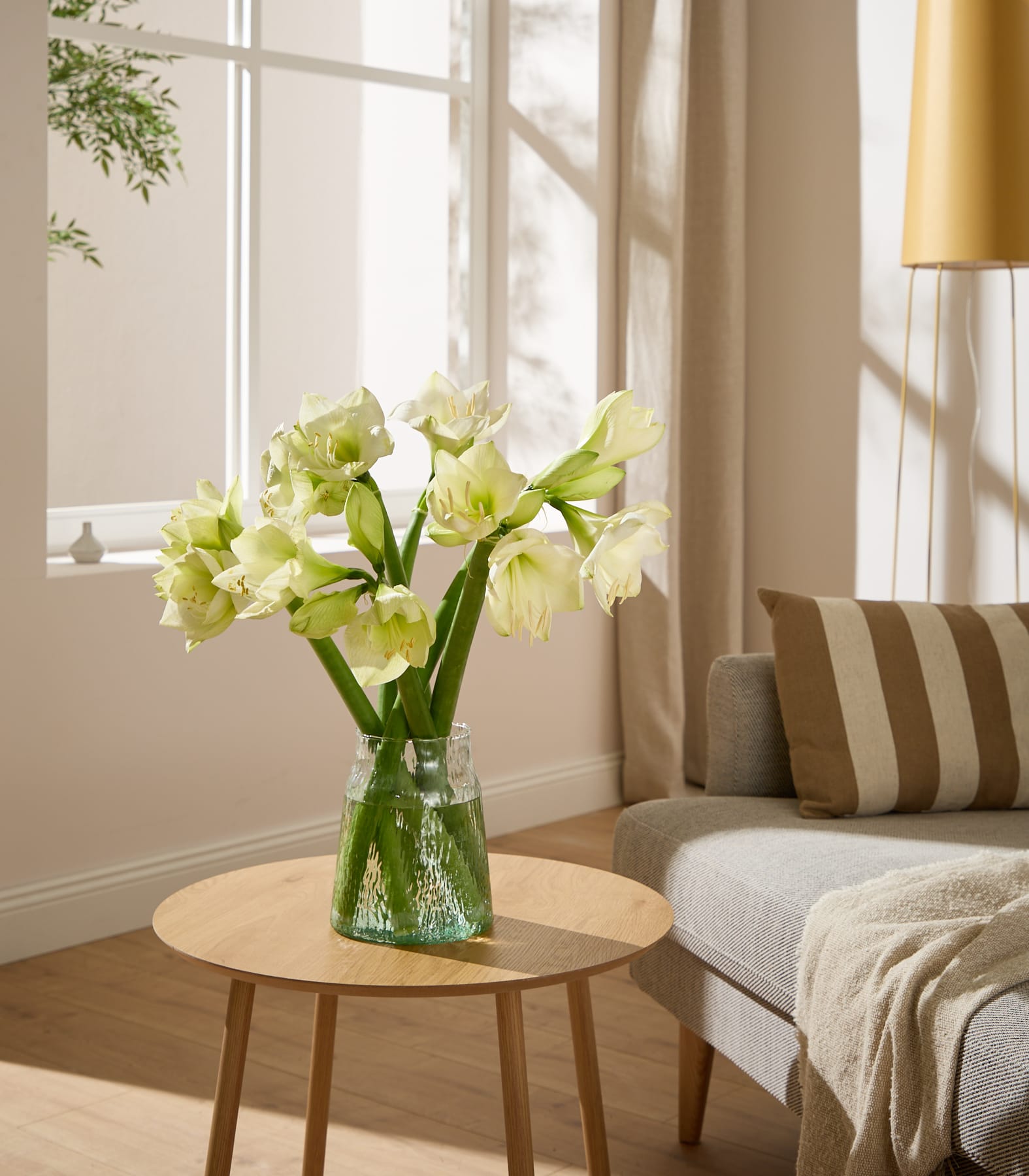 Eine Vase mit leuchtend grünen und weißen Blumen steht auf einem Holztisch in einem gemütlichen Wohnzimmer, im Hintergrund sind ein Sofa und ein Fenster zu sehen. (Beschreibungstext KI-generiert)