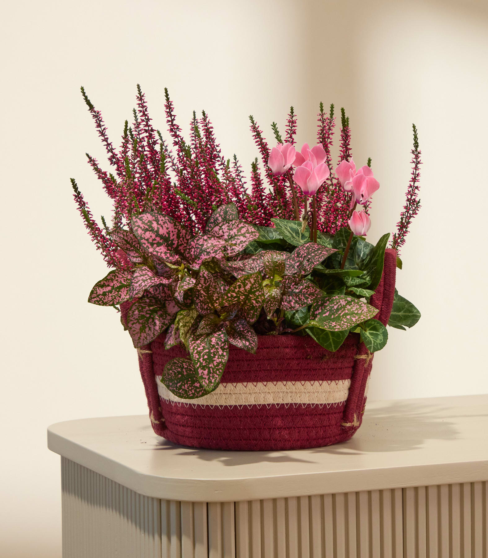 Ein bordeauxroter, geflochtener Korb, gefüllt mit rosa Heidekraut und geflecktem Laub, steht auf einer hellen, gerippten Oberfläche vor einem schlichten Hintergrund. (Beschreibungstext KI-generiert)