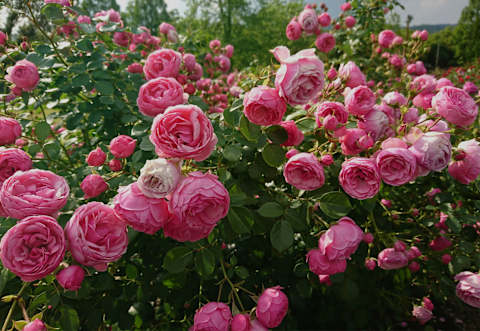 Ein üppiger, lebendiger Garten voller blühender rosa Rosen, deren Blütenblätter vor dem Hintergrund des grünen Laubs im Tau glitzern.