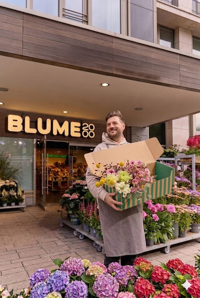 Ein Mann in einem grauen Hemd steht vor einem Blumenladen namens „Blume 20 88“ und hält einen Strauß bunter Blumen in der Hand.