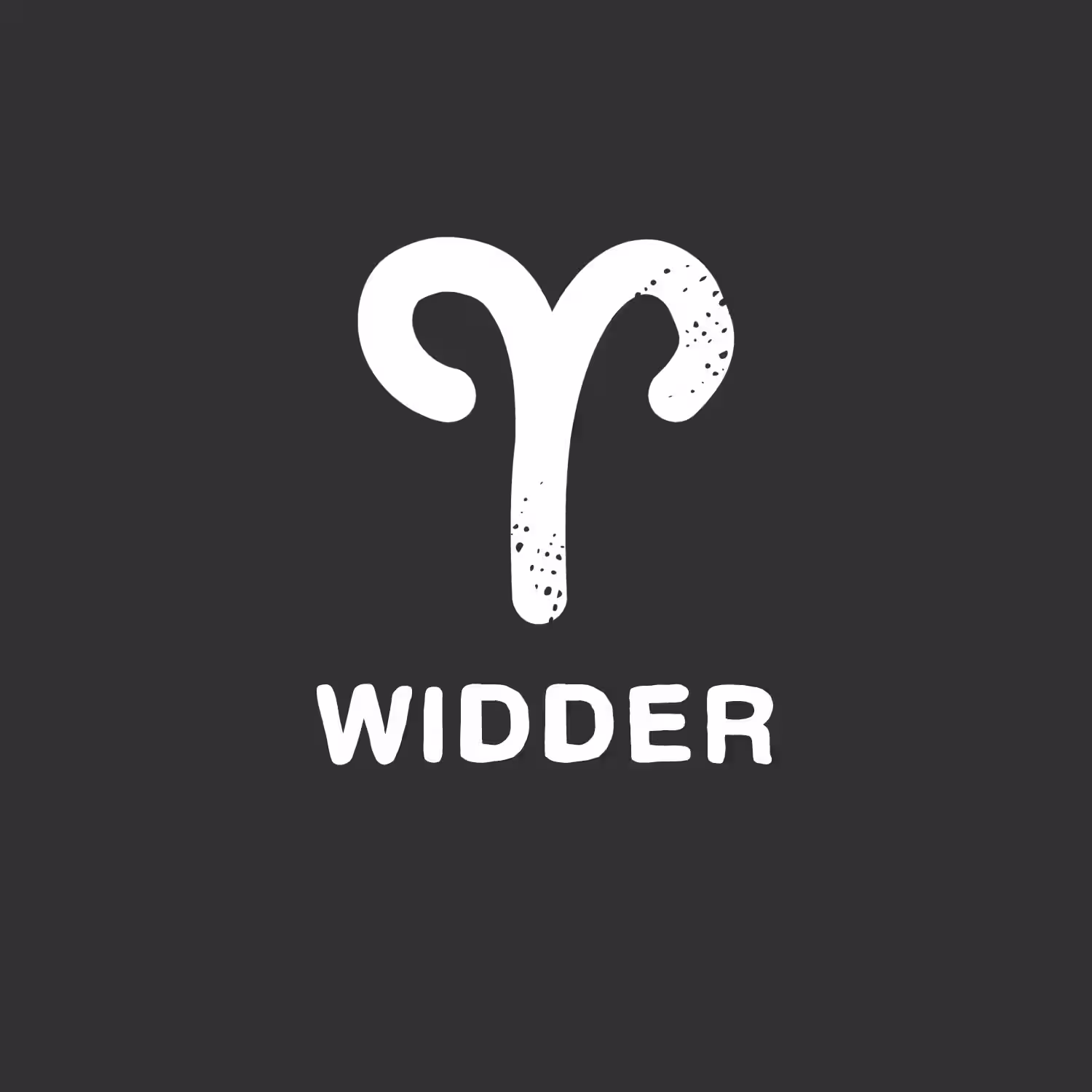 Das Bild zeigt das weiße astrologische Symbol für Widder, den Schafbock, vor einem dunklen Hintergrund, darunter steht der Text „WIDDER“. (Beschreibungstext KI-generiert)