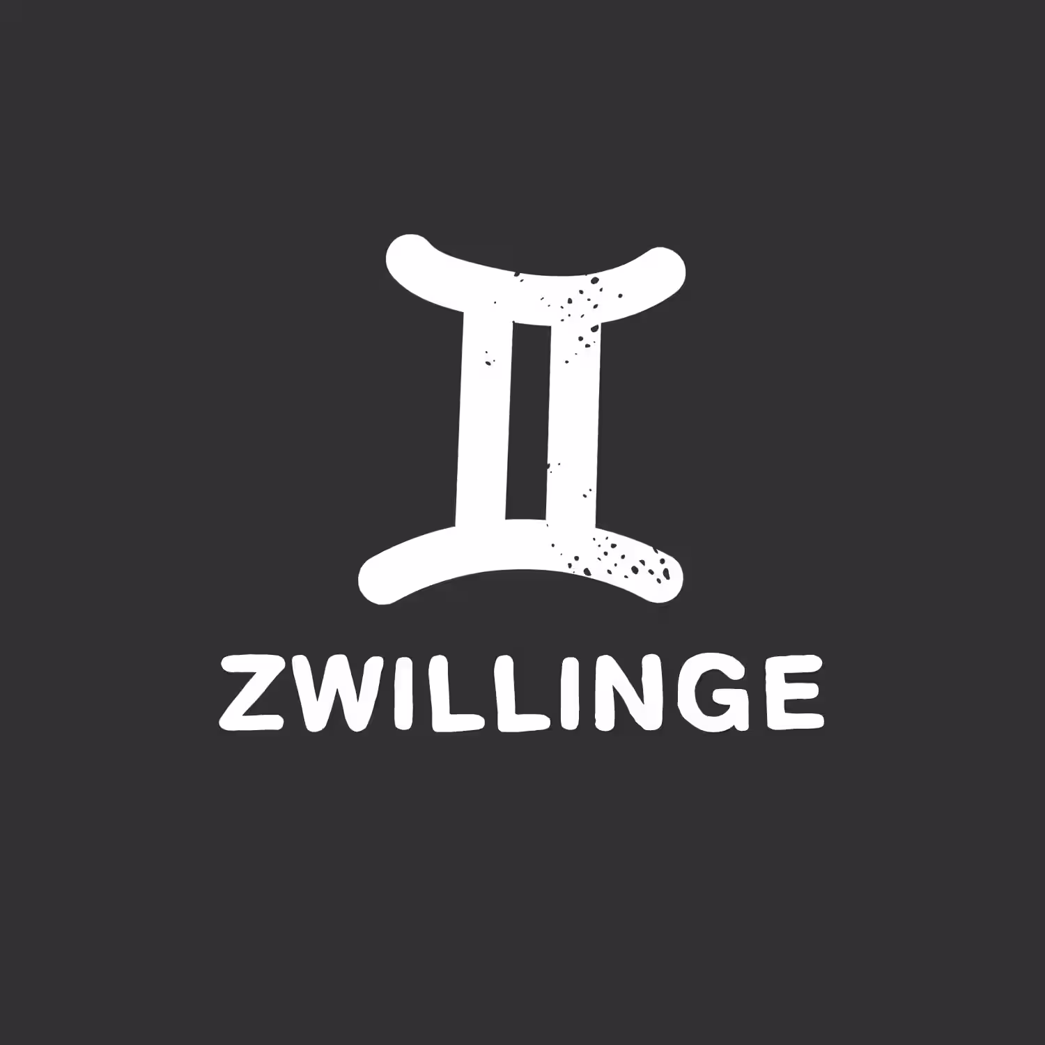 Das Bild zeigt ein weißes, stilisiertes Symbol, das dem Sternzeichen Zwillinge ähnelt, vor einem dunklen Hintergrund, darunter der Text „ZWILLINGE“. (Beschreibungstext KI-generiert)