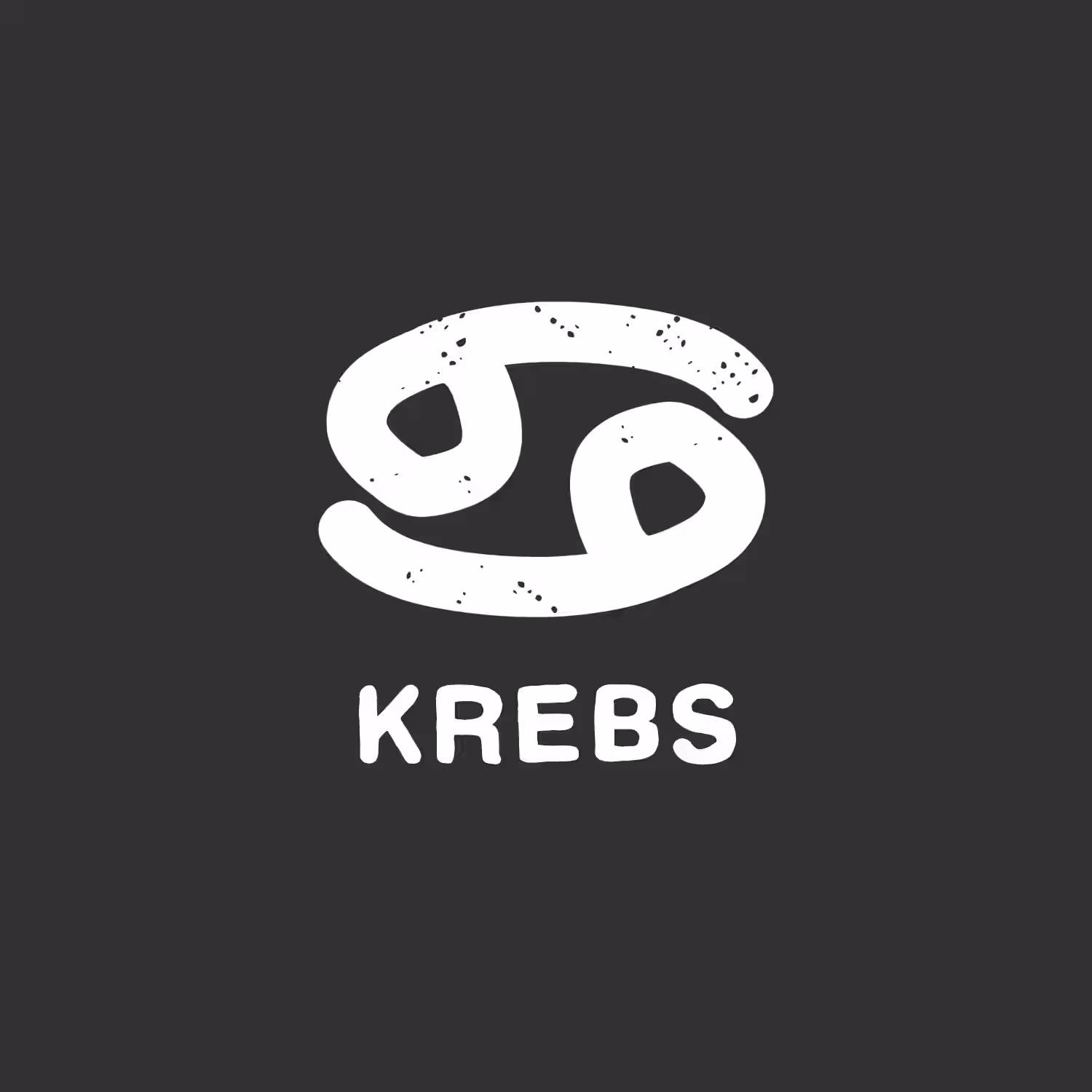 Das Bild zeigt ein weißes, krabbenähnliches Symbol auf dunklem Hintergrund, darunter steht das Wort „KREBS“. (Beschreibungstext KI-generiert)