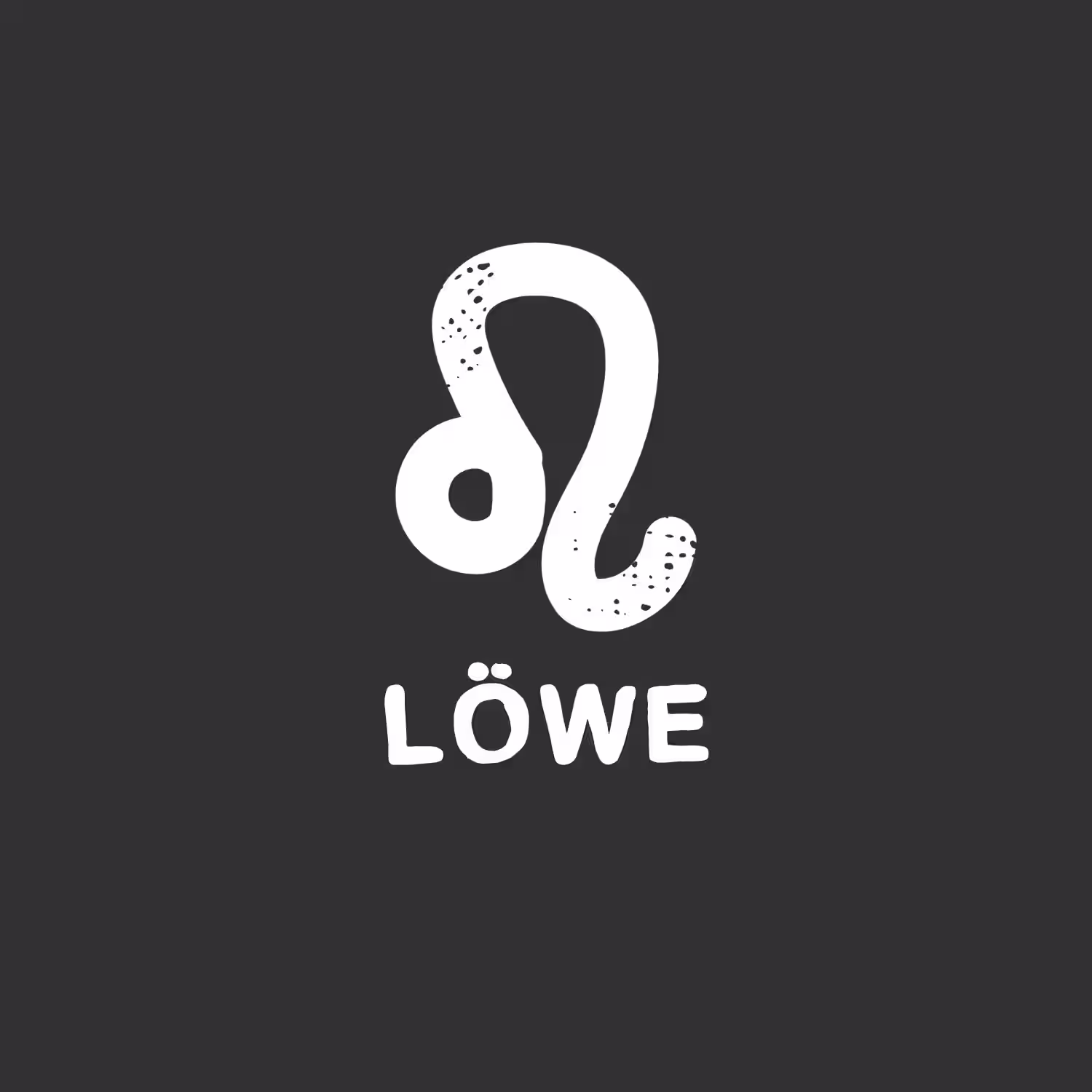 Das Bild zeigt ein weißes, stilisiertes Sternzeichen Löwe vor einem dunklen Hintergrund, darunter steht das Wort „LOWE“. (Beschreibungstext KI-generiert)
