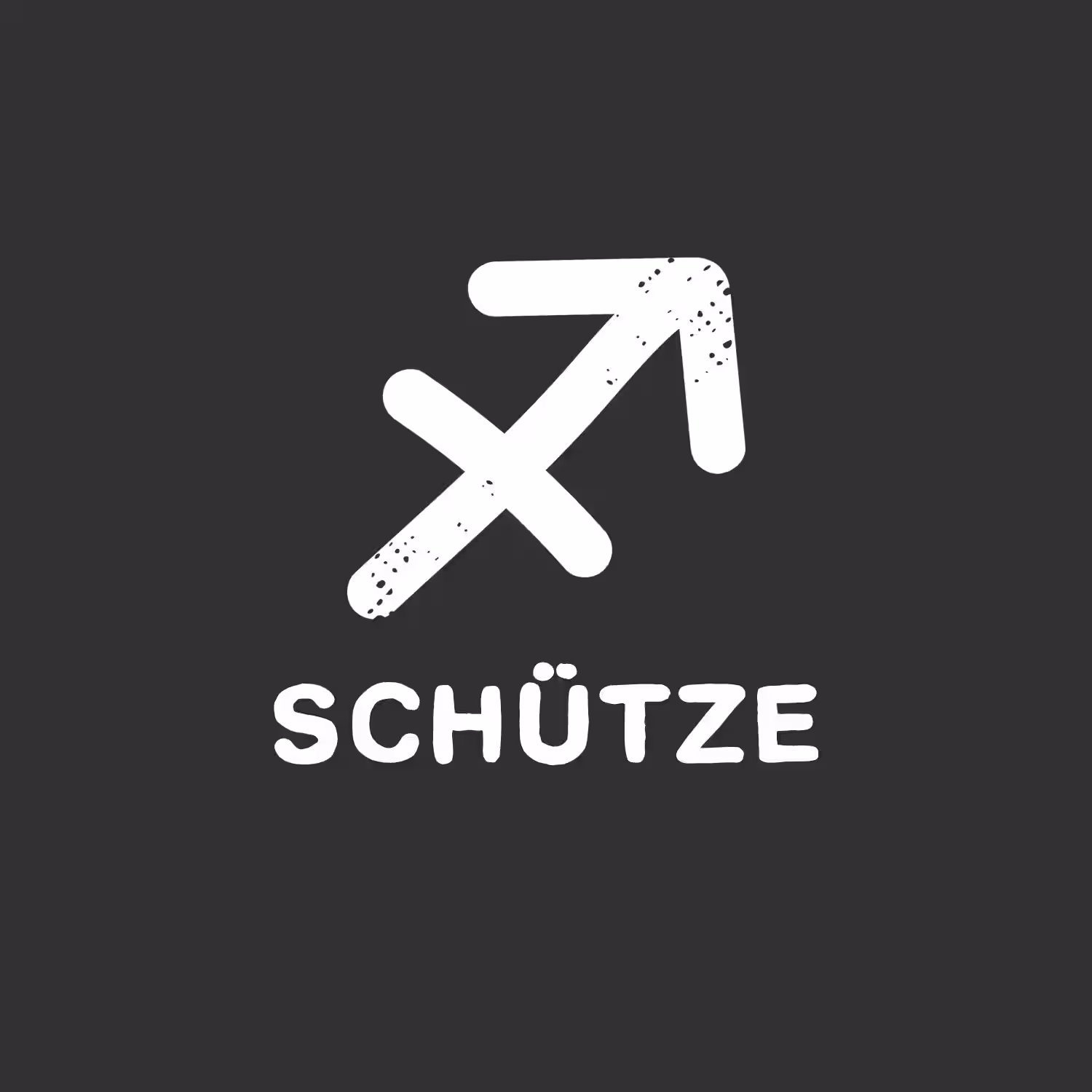 Das Bild zeigt ein weißes Sternzeichen Schütze auf dunklem Hintergrund, darunter steht das deutsche Wort „SCHUTZE“. (Beschreibungstext KI-generiert)