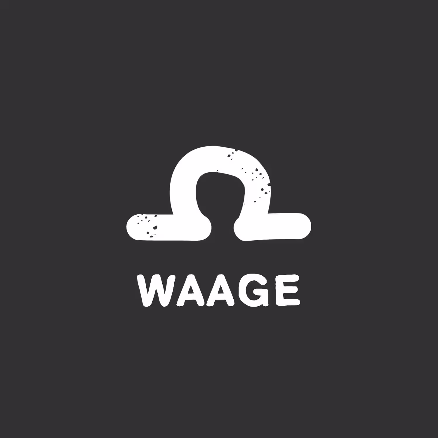 Das Bild zeigt ein weißes Symbol, das dem Sternzeichen Waage ähnelt, auf dunklem Hintergrund, darunter steht das Wort „WAAGE“. (Beschreibungstext KI-generiert)