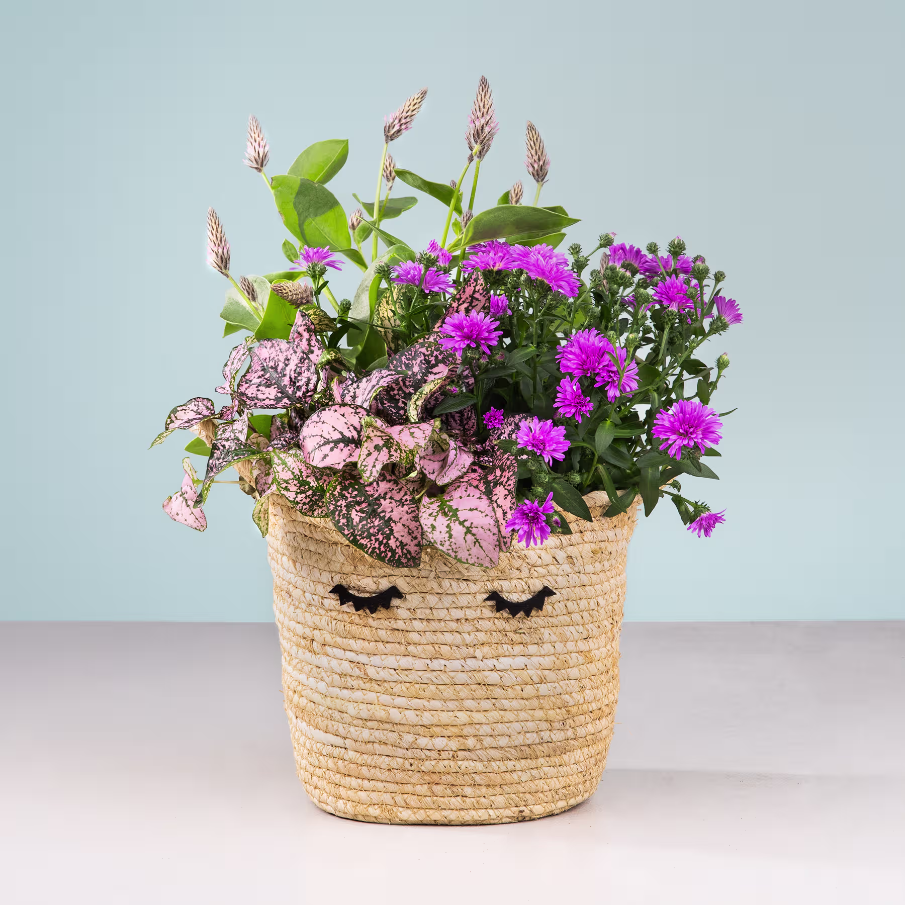 Ein geflochtener Korb voller leuchtend violetter und rosa Blumen steht auf einer hellen Oberfläche vor einem blassblauen Hintergrund. (Beschreibungstext KI-generiert)
