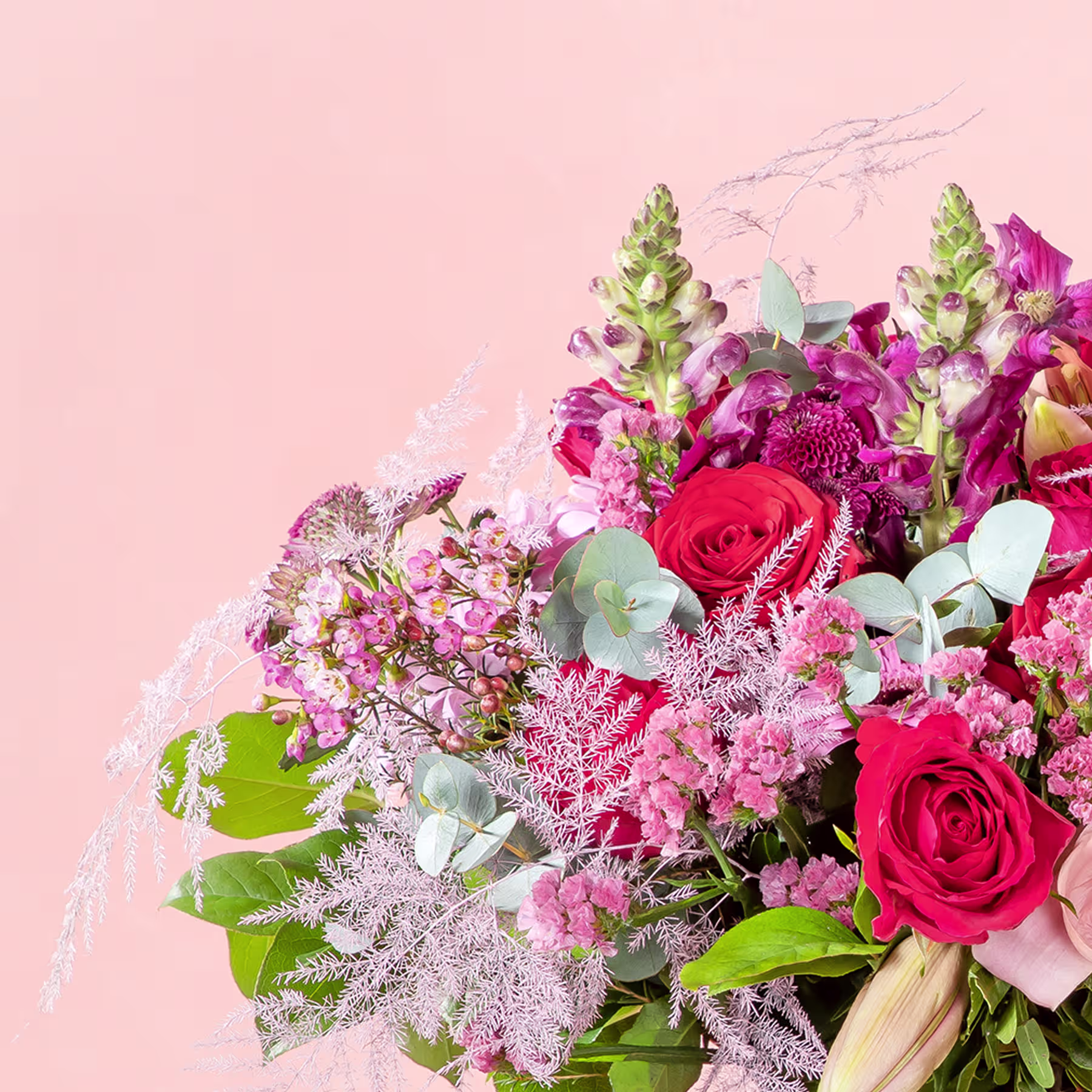 Ein lebendiger Strauß aus roten Rosen, rosa Nelken und Grünpflanzen vor einem zartrosa Hintergrund. (Beschreibungstext KI-generiert)