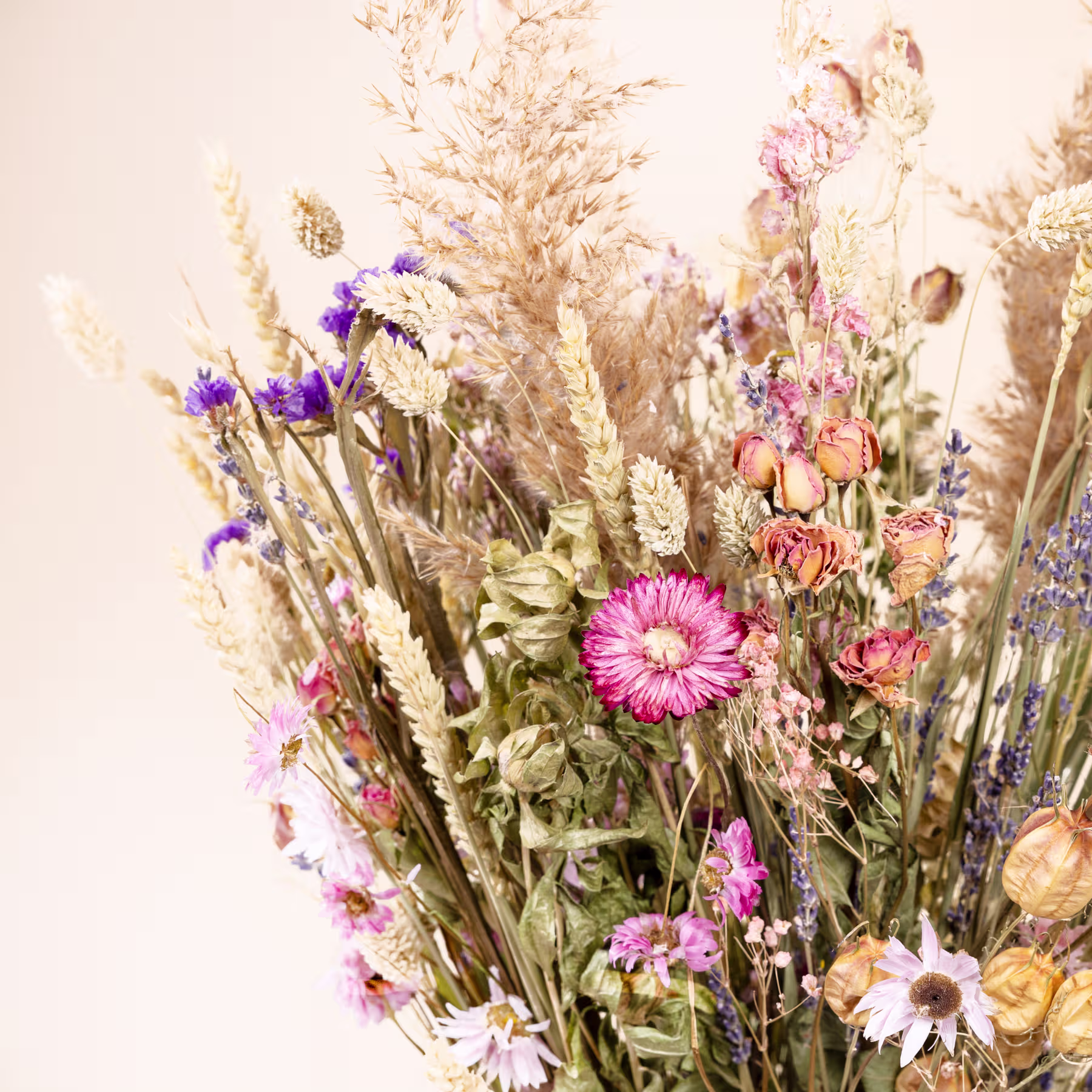 Ein lebendiger Strauß bunter Trockenblumen, darunter rosa Gänseblümchen, violette Schwertlilien und verschiedene andere Blüten, vor einem sanften, neutralen Hintergrund. (Beschreibungstext KI-generiert)