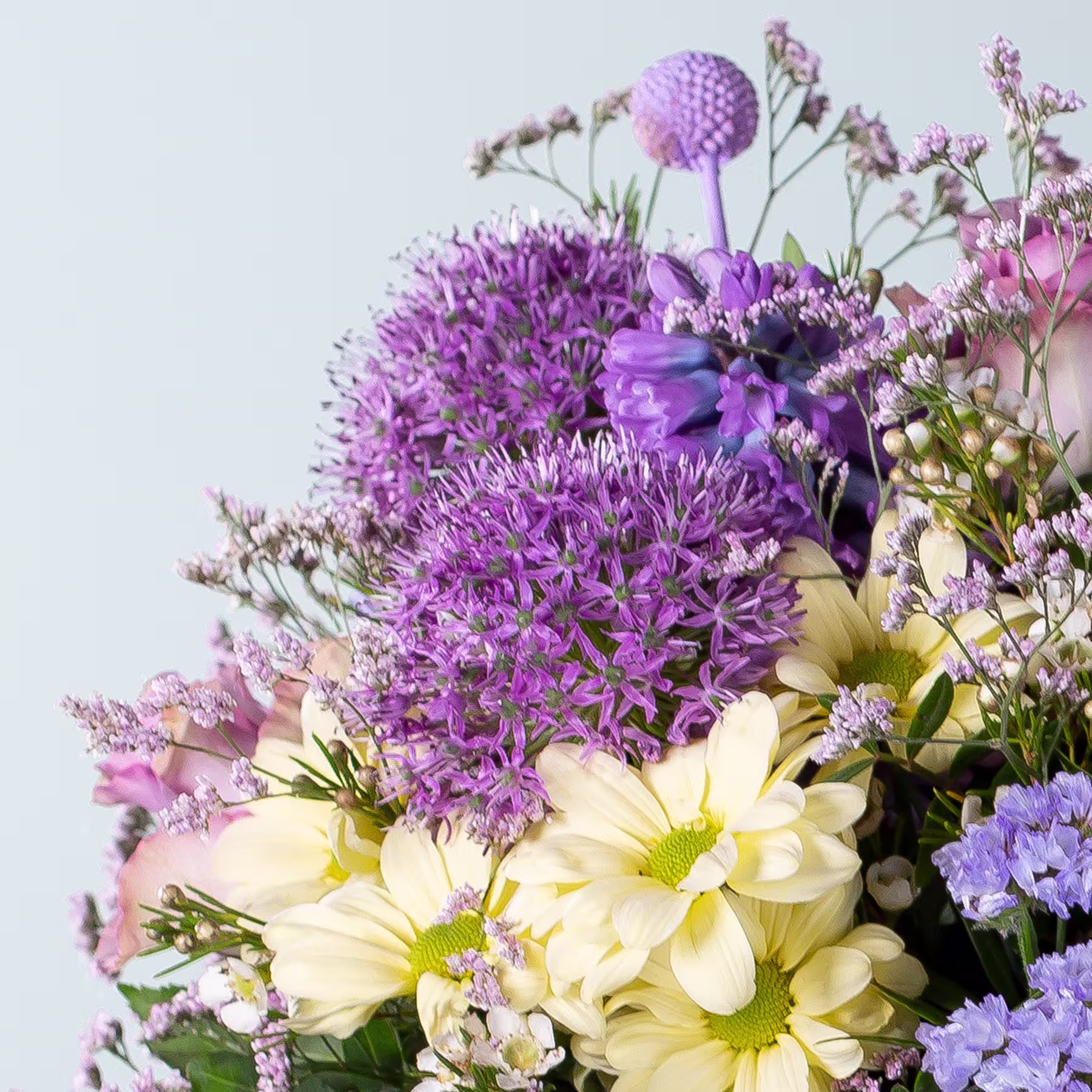 Ein lebendiger Strauß aus lila Alliumblüten, gelben Gänseblümchen und anderen bunten Blüten vor einem weichen, dunstigen Hintergrund. (Beschreibungstext KI-generiert)