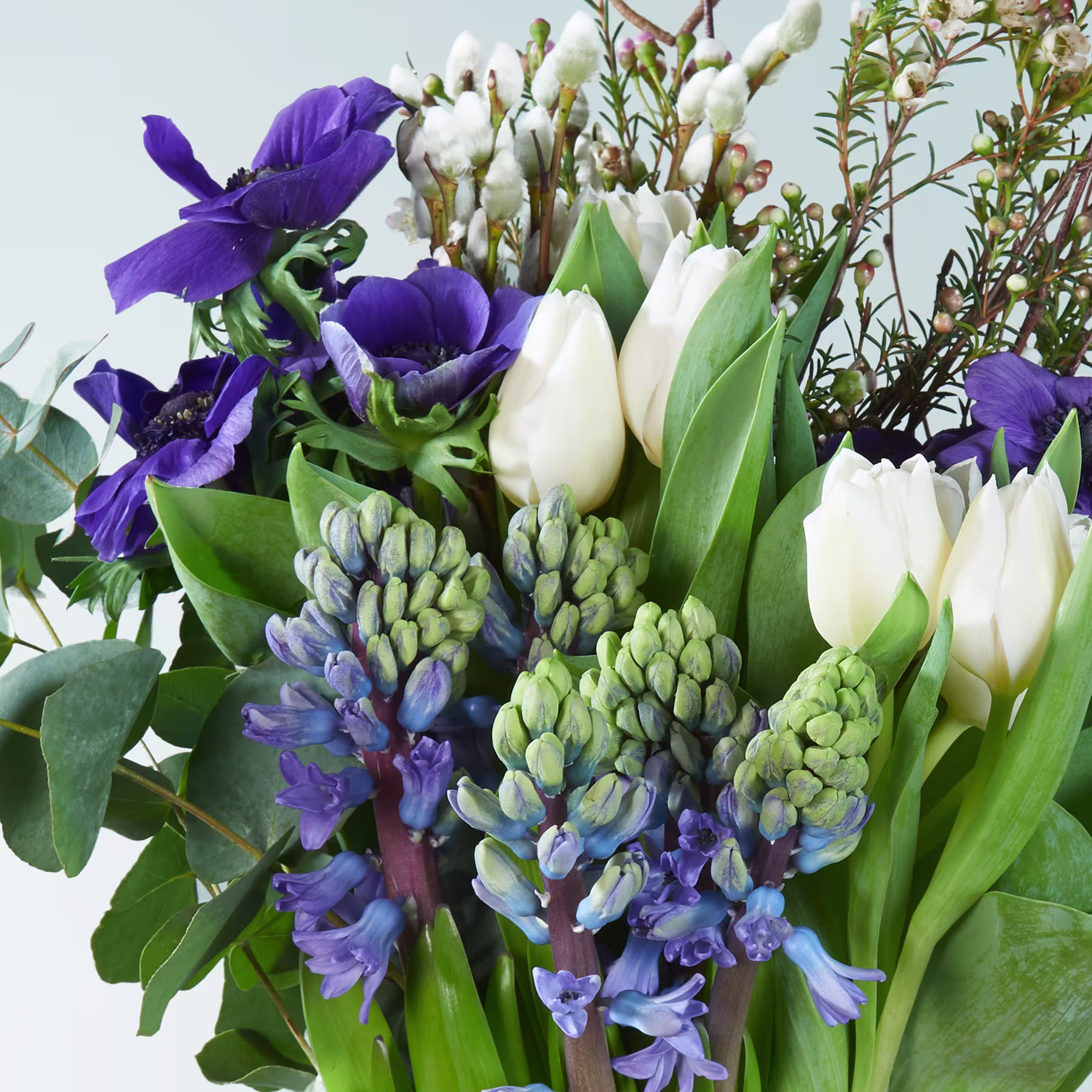 Ein lebendiger Strauß violetter und weißer Blumen, darunter Tulpen, Hyazinthen und andere Frühlingsblumen, vor einem weichen, unscharfen Hintergrund. (Beschreibungstext KI-generiert)