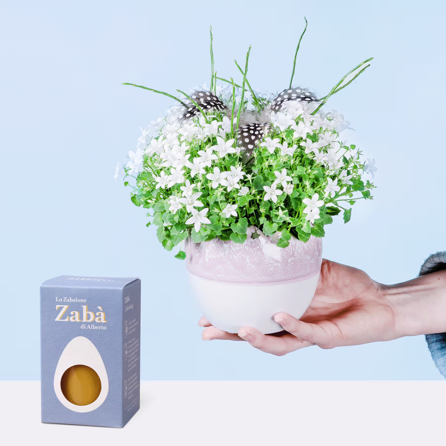 Eine Hand hält einen Strauß weißer Blumen und Grünpflanzen, im Vordergrund ist vor einem hellblauen Hintergrund eine Schachtel Zaba-Schokolade zu sehen. (Beschreibungstext KI-generiert)