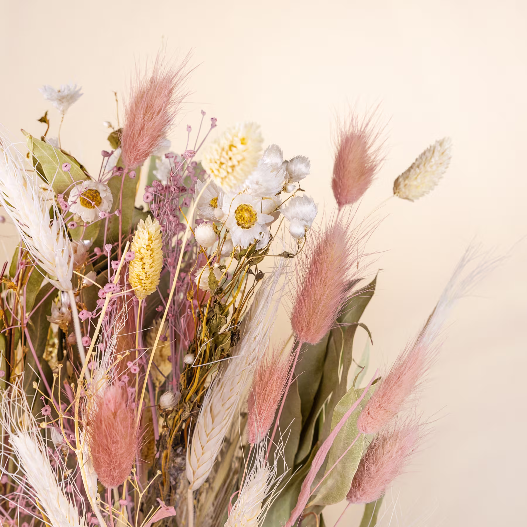 Ein lebendiger Strauß getrockneter Blumen und Gräser in Rosa-, Gelb- und Weißtönen vor einem neutralen Hintergrund. (Beschreibungstext KI-generiert)