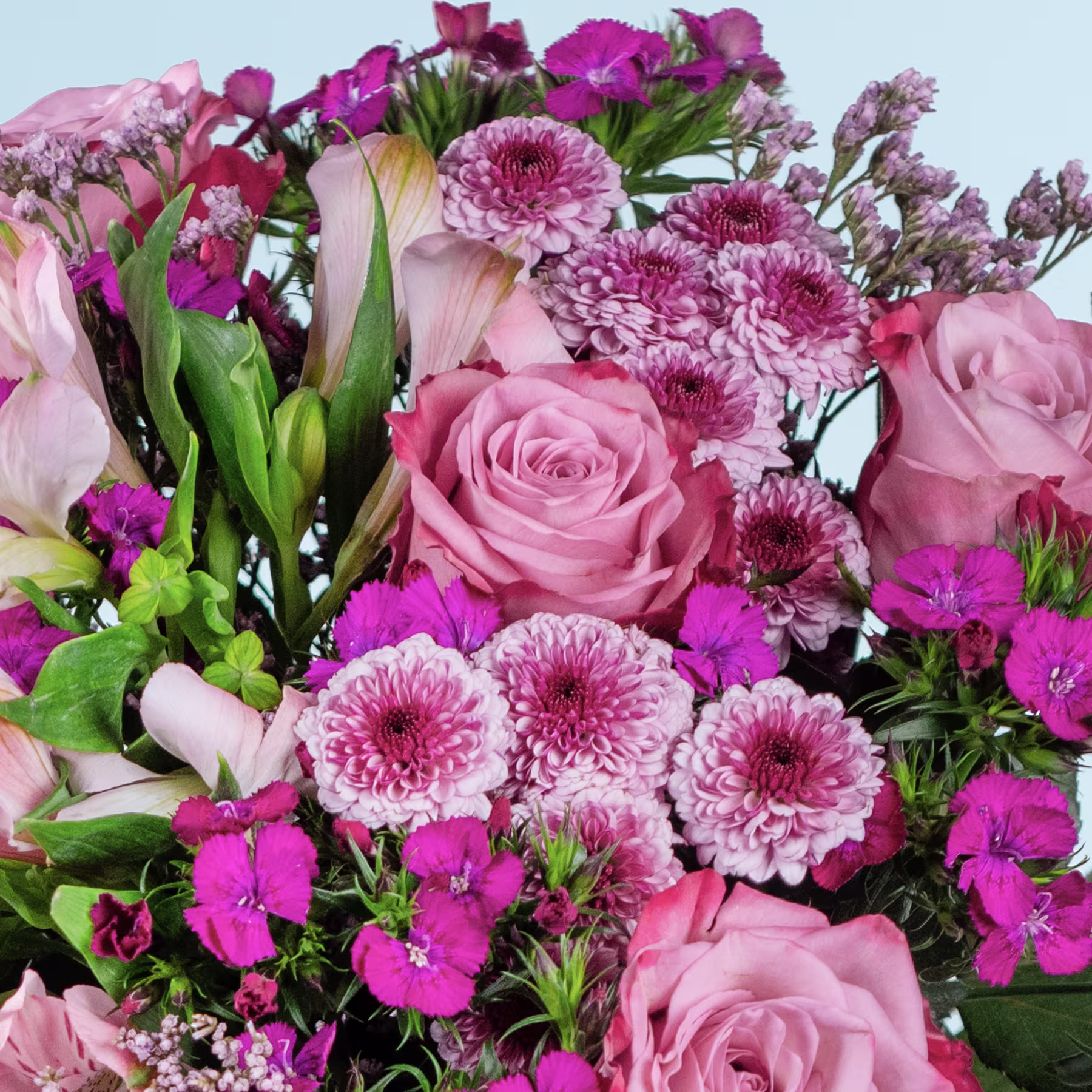 Ein lebendiger Strauß rosa und violetter Blumen, darunter Rosen, Chrysanthemen und Nelken, vor einem hellblauen Hintergrund. (Beschreibungstext KI-generiert)