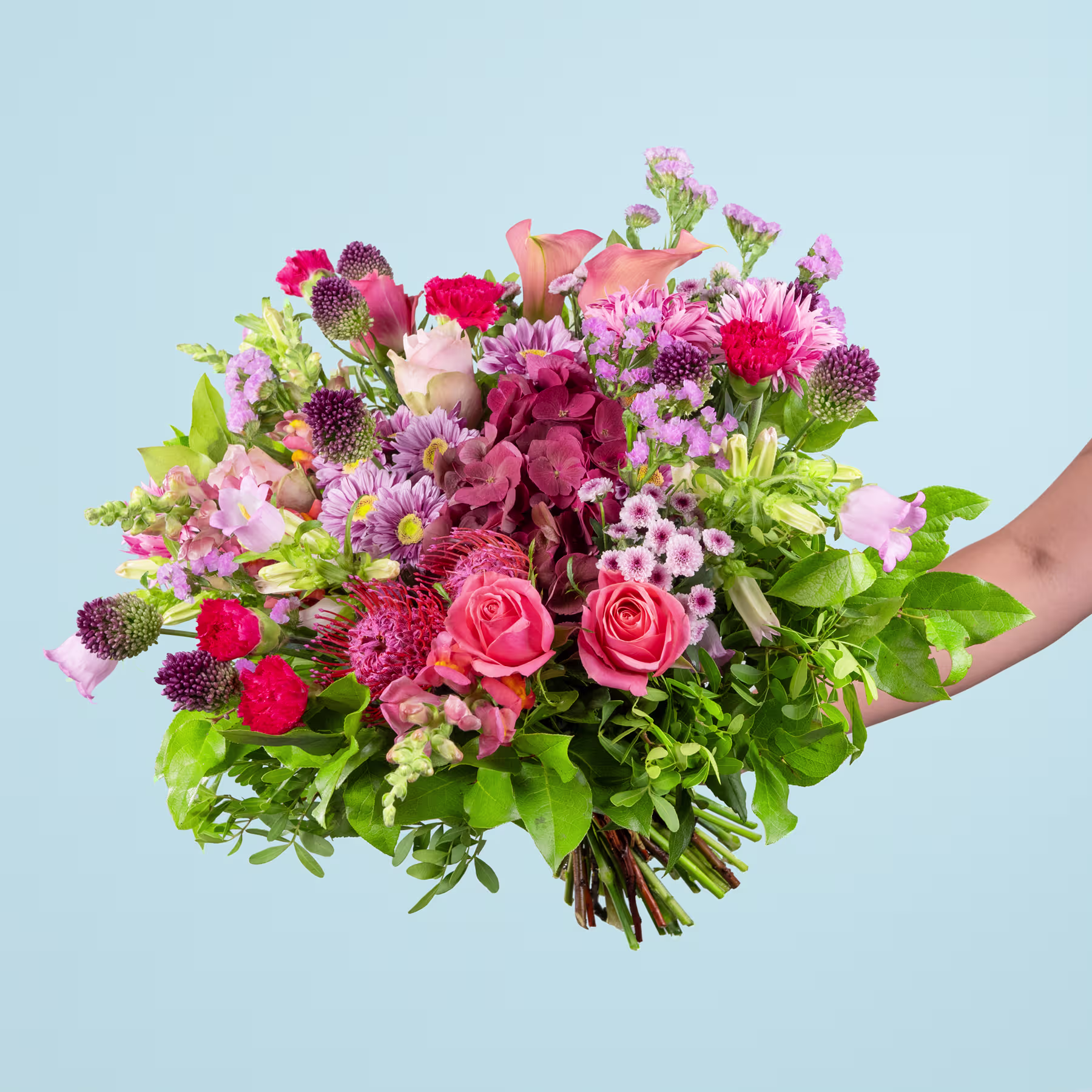 Ein lebendiger und üppiger Strauß verschiedener bunter Blumen, darunter Rosen, Nelken und Chrysanthemen, den eine Person vor einem schlichten blauen Hintergrund in den Händen hält. (Beschreibungstext KI-generiert)
