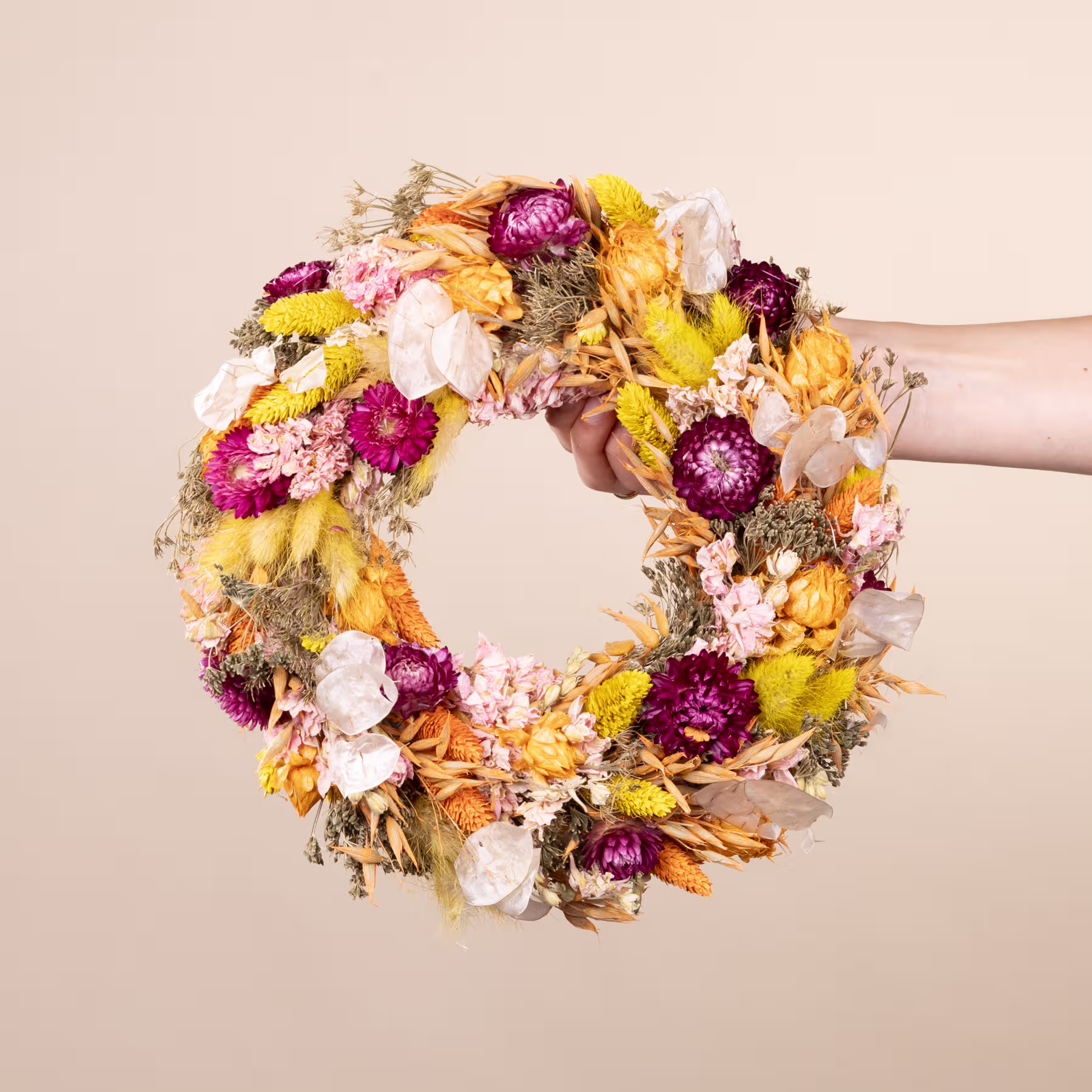 Ein lebendiger und farbenfroher Kranz aus verschiedenen getrockneten Blumen, darunter gelbe, rosa und violette Blüten, wird von den Händen einer Person vor einem neutralen beigen Hintergrund gehalten. (Beschreibungstext KI-generiert)