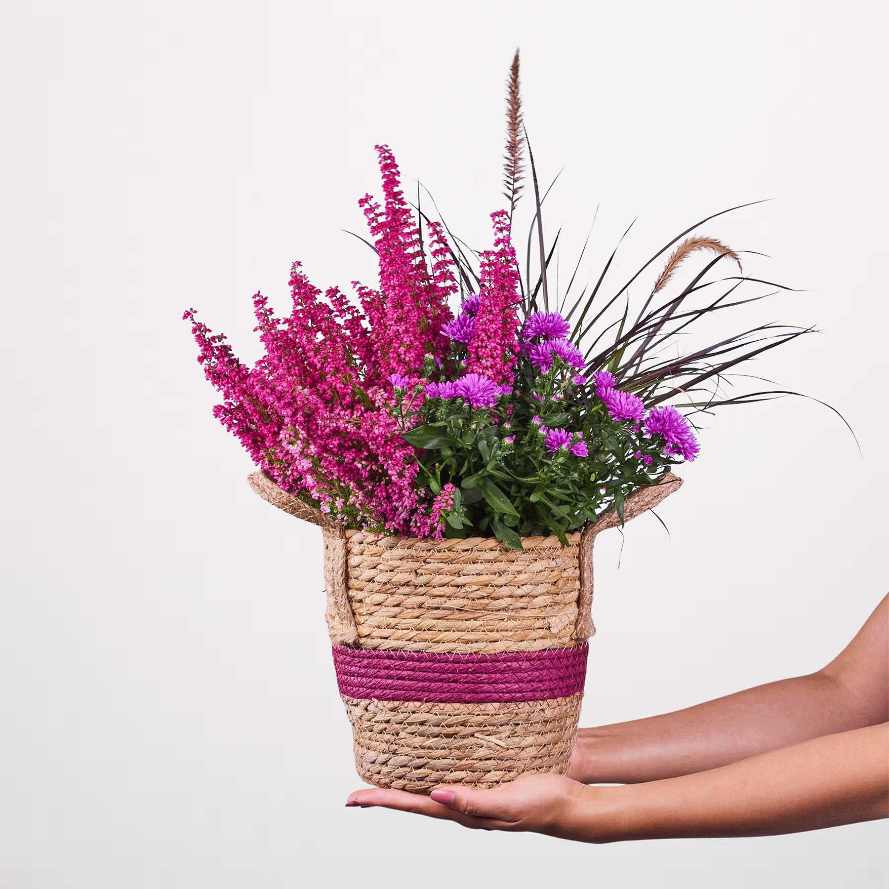 Ein geflochtener Korb, gefüllt mit einem farbenfrohen Strauß rosa und violetter Blumen, vor einem schlichten blauen Hintergrund. (Beschreibungstext KI-generiert)