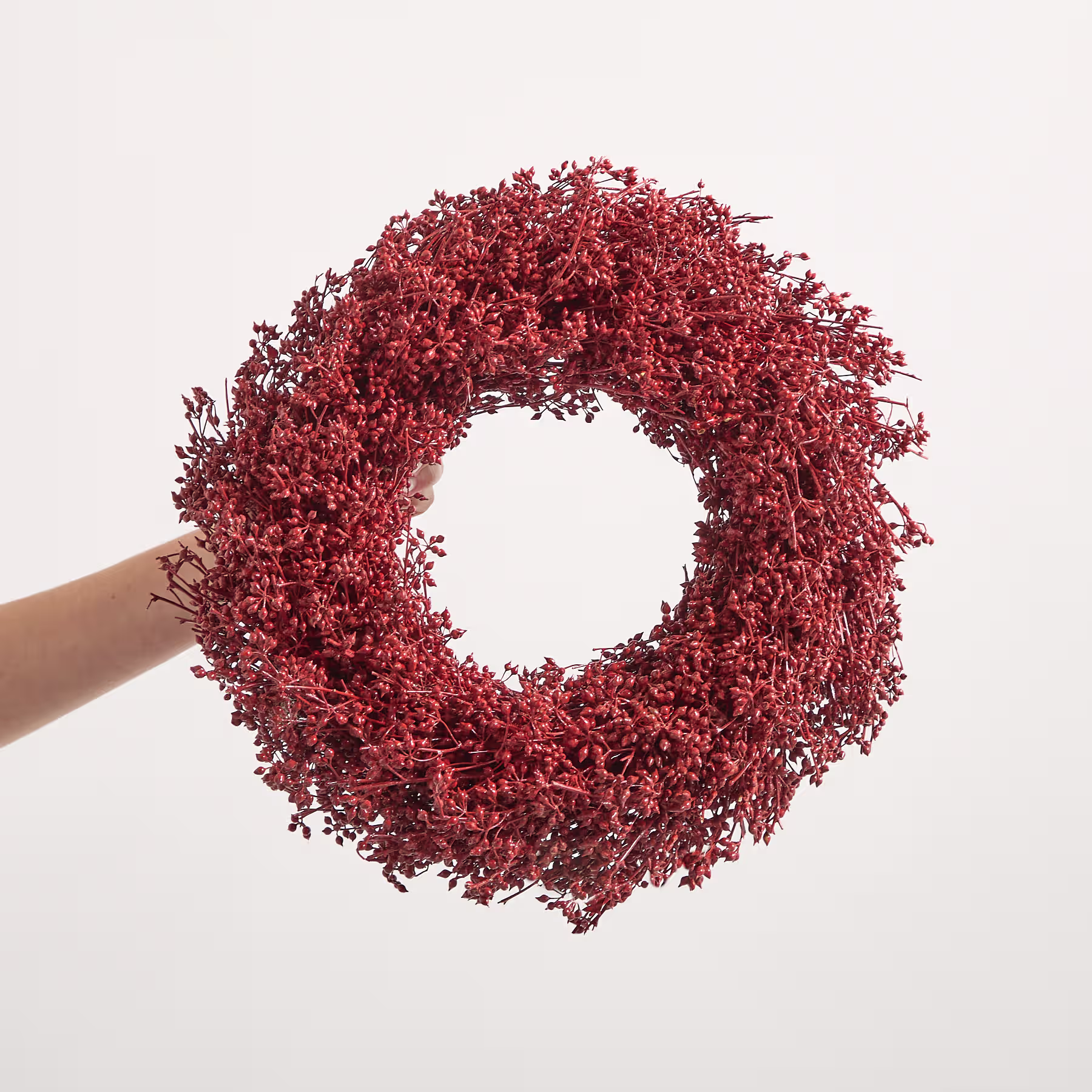 Ein leuchtend roter Kranz aus getrockneten Blumen oder Blättern wird vor einen schlichten, hellen Hintergrund gehalten. (Beschreibungstext KI-generiert)