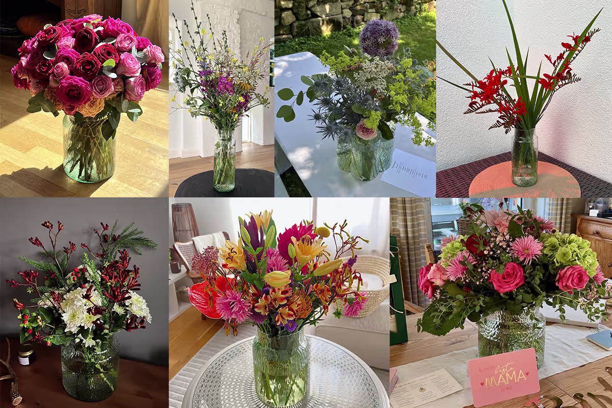 Eine Collage aus verschiedenen lebendigen und farbenfrohen Blumenarrangements, darunter Sträuße aus Rosen, Lilien und anderen Blumen, die in verschiedenen Vasen und Umgebungen präsentiert werden. (Beschreibungstext KI-generiert)