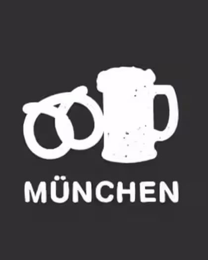 Das Bild zeigt die weiße Silhouette eines Bierkrugs und zweier Brezeln vor einem schwarzen Hintergrund, auf dem deutlich das deutsche Wort „MÜNCHEN“ zu sehen ist. (Beschreibungstext KI-generiert)