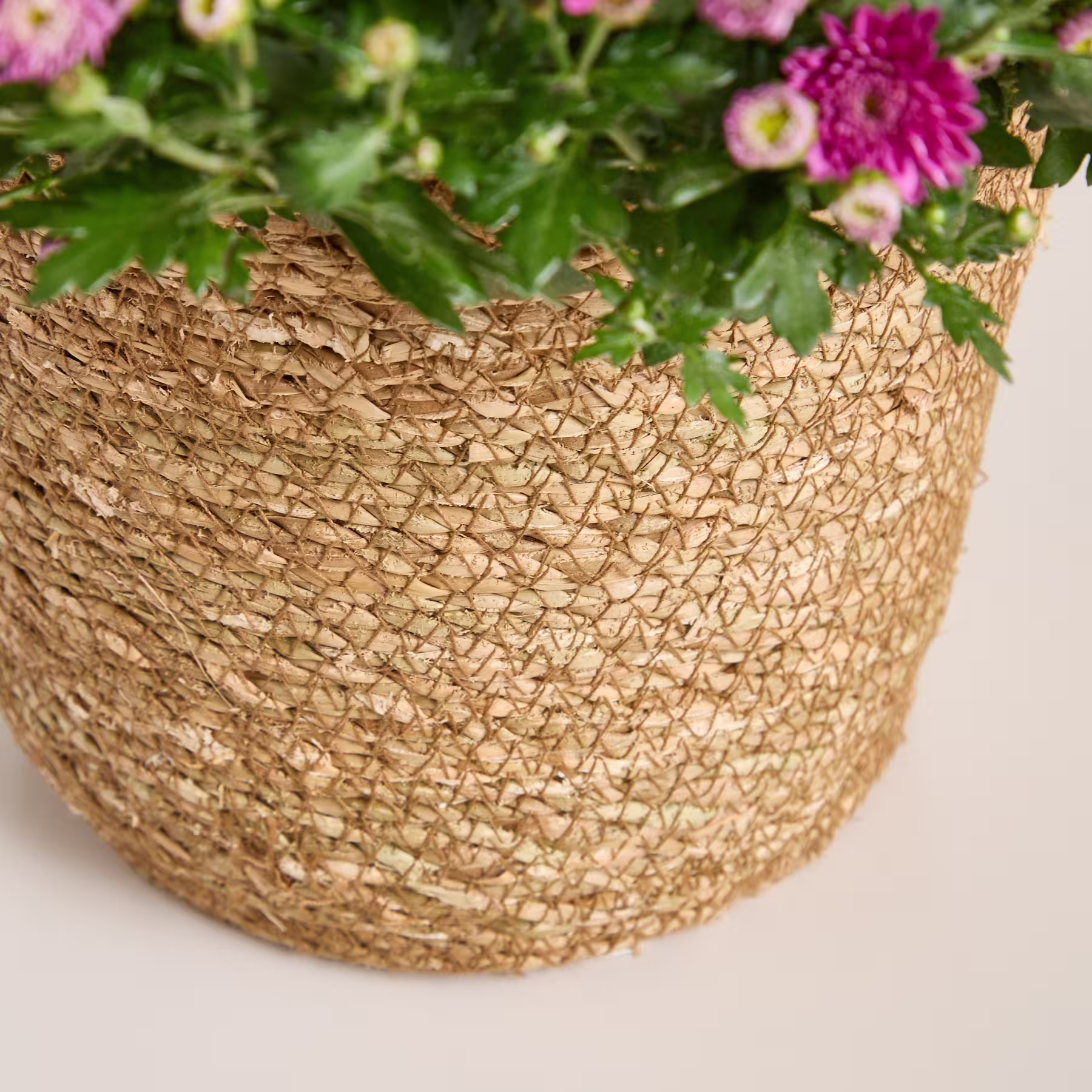 Ein geflochtener Strohkorb, gefüllt mit leuchtend rosa und gelben Blumen, vor einem verschwommenen grünen Laubhintergrund. (Beschreibungstext KI-generiert)
