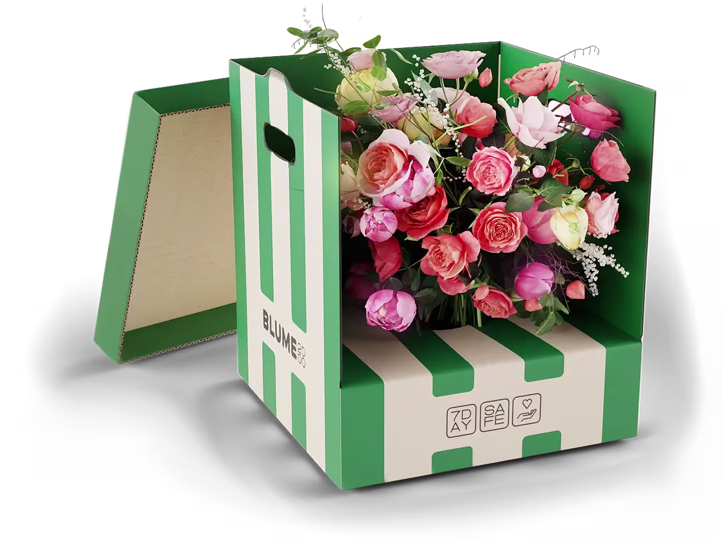 Ein leuchtender Strauß rosa und roter Rosen in einer grün-weiß gestreiften Pappschachtel ergibt ein optisch ansprechendes und auffälliges Arrangement. (Beschreibungstext KI-generiert)