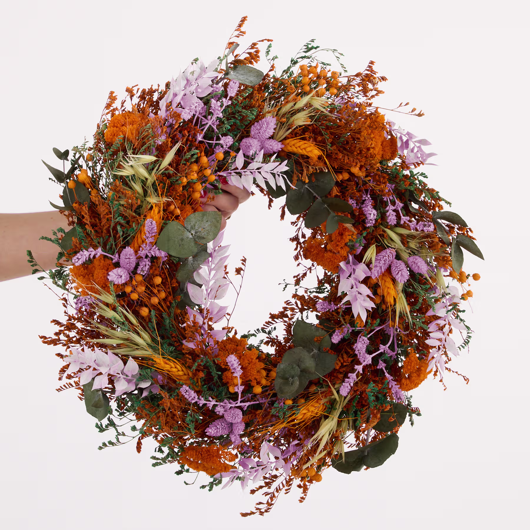Ein farbenfroher Herbstkranz aus verschiedenen getrockneten Blumen und Blättern wird in den Händen einer Person gehalten, die ein schwarzes Hemd vor einem schlichten weißen Hintergrund trägt. (Beschreibungstext KI-generiert)