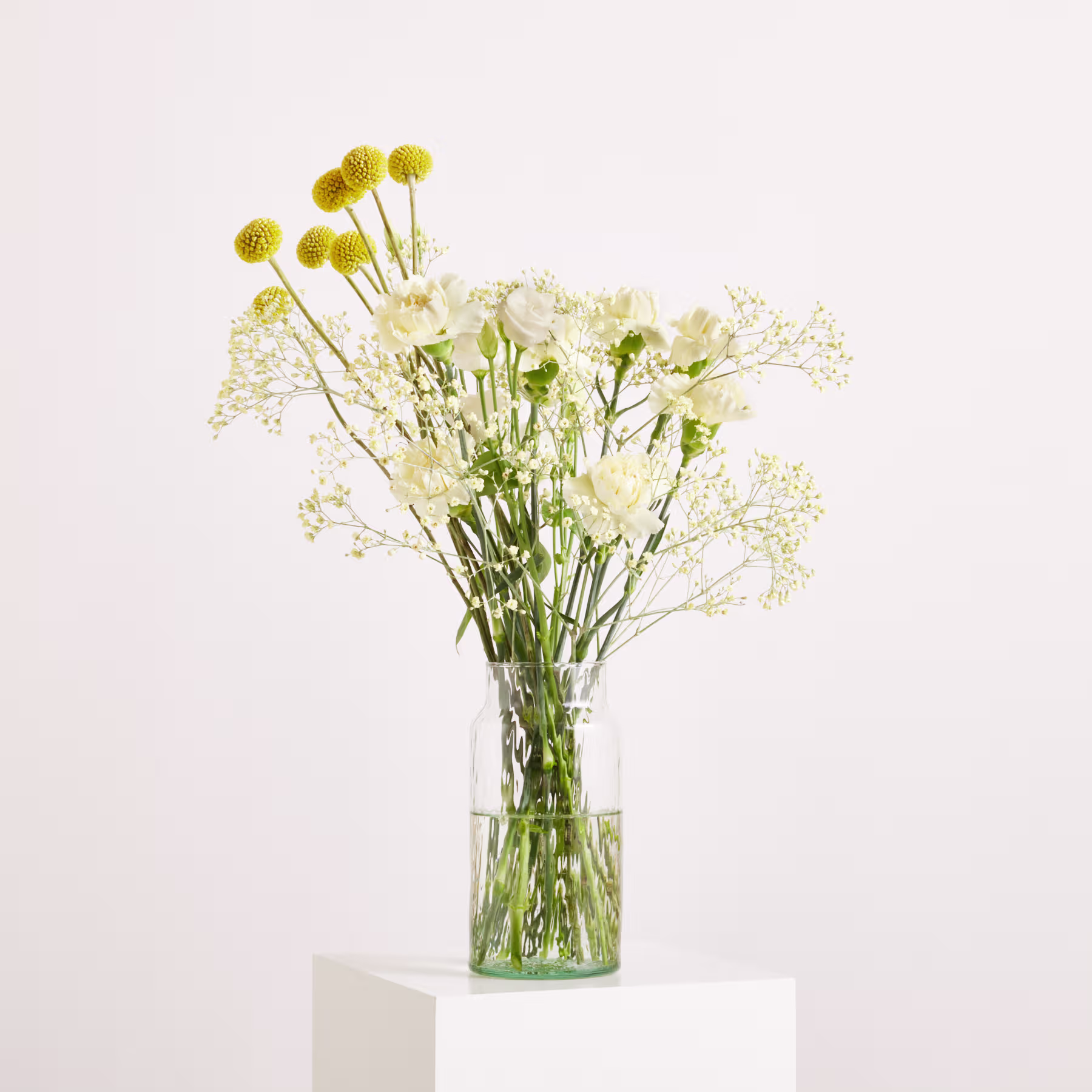 Ein Strauß weißer Blumen und gelber Craspedia steht in einer Glasvase auf einem weißen Sockel vor einem schlichten weißen Hintergrund. (Beschreibungstext KI-generiert)