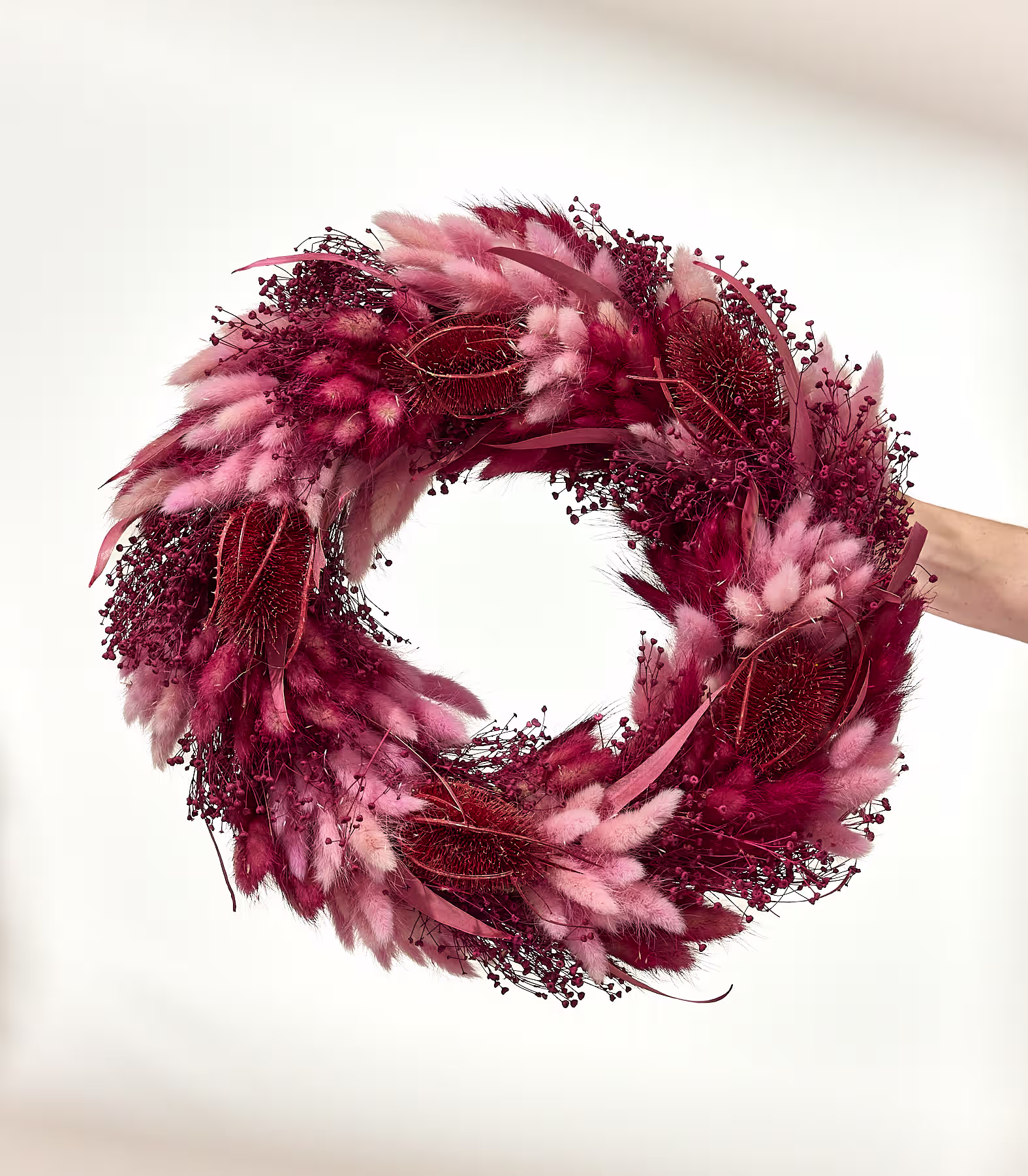 Eine Hand hält einen kreisförmigen Kranz aus getrockneten rosa und bordeauxroten Blumen und Gräsern vor einem schlichten weißen Hintergrund. (Beschreibungstext KI-generiert)