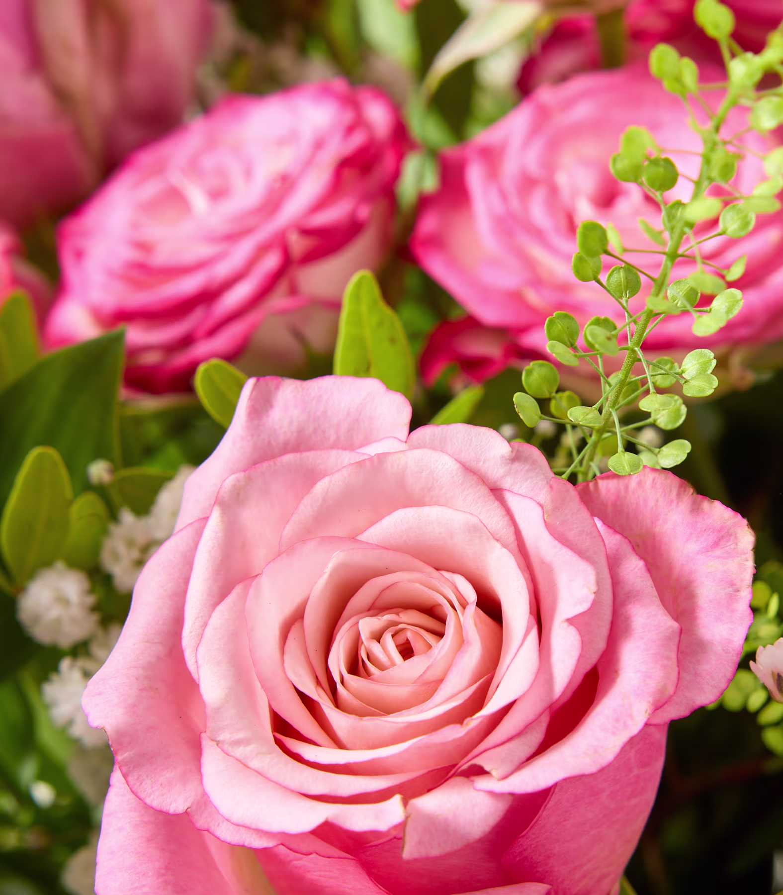 Eine junge Frau mit einem warmen Lächeln hält vor einem neutralen Hintergrund einen leuchtenden Strauß aus rosa Rosen und anderen Blumen. (Beschreibungstext KI-generiert)