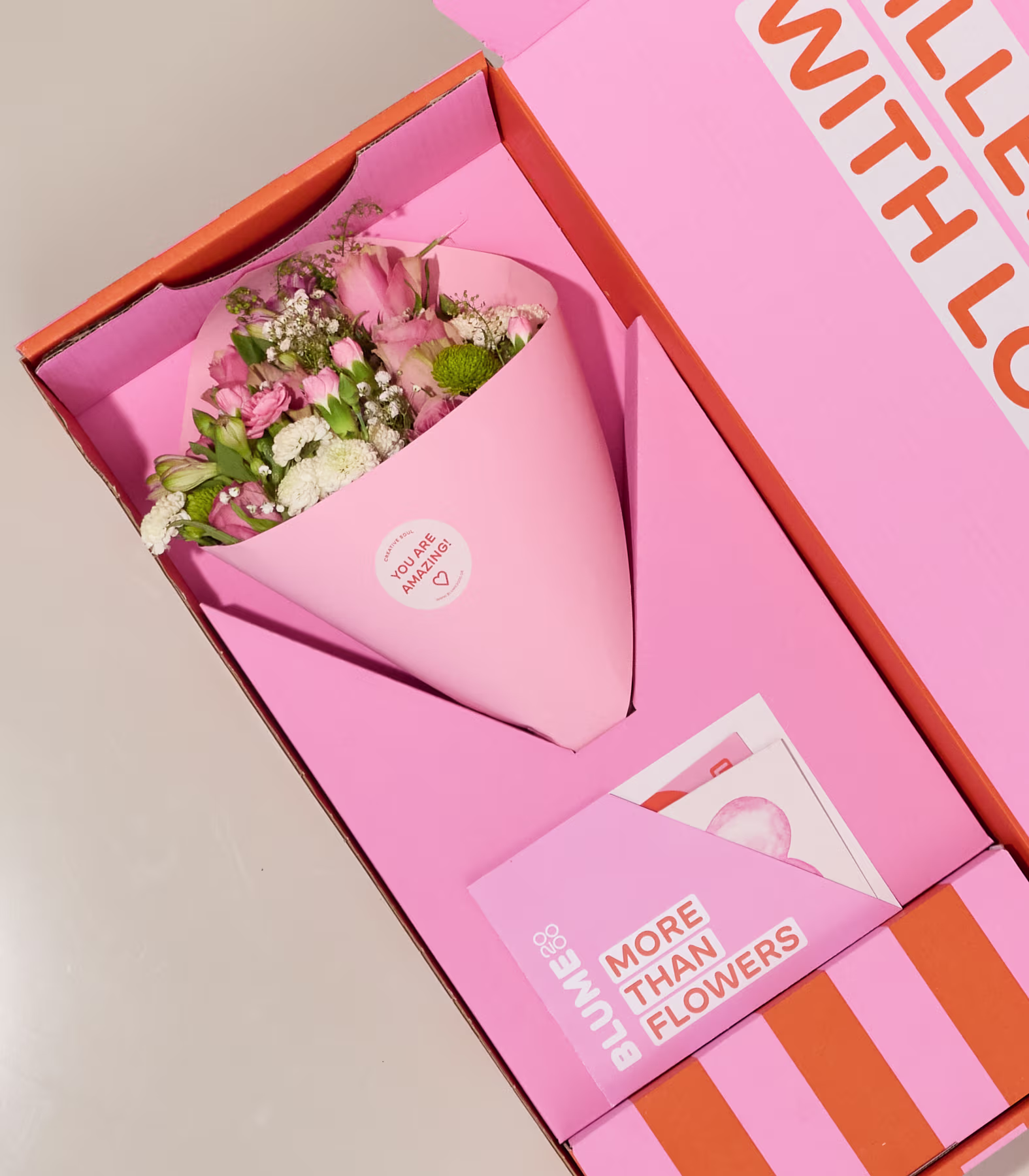 Eine rosa-orange gestreifte Geschenkbox mit einem Blumenstrauß und einer Karte steht auf einer schlichten, hellen Fläche vor einer neutralen Wand. (Beschreibungstext KI-generiert)