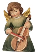 Farget engel i håndskåret tre, med cello - 9 cm
