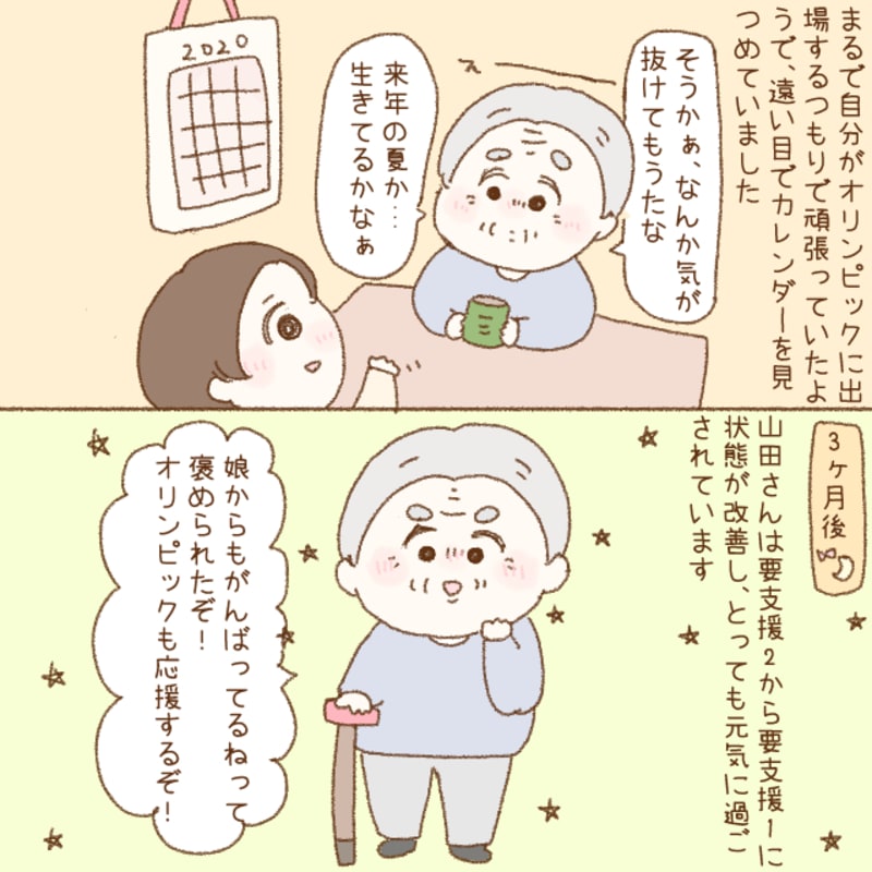 オリンピックの延期が決まった後も頑張り続けたケアマネ利用者は要支援2から要支援1に状態が改善されました。