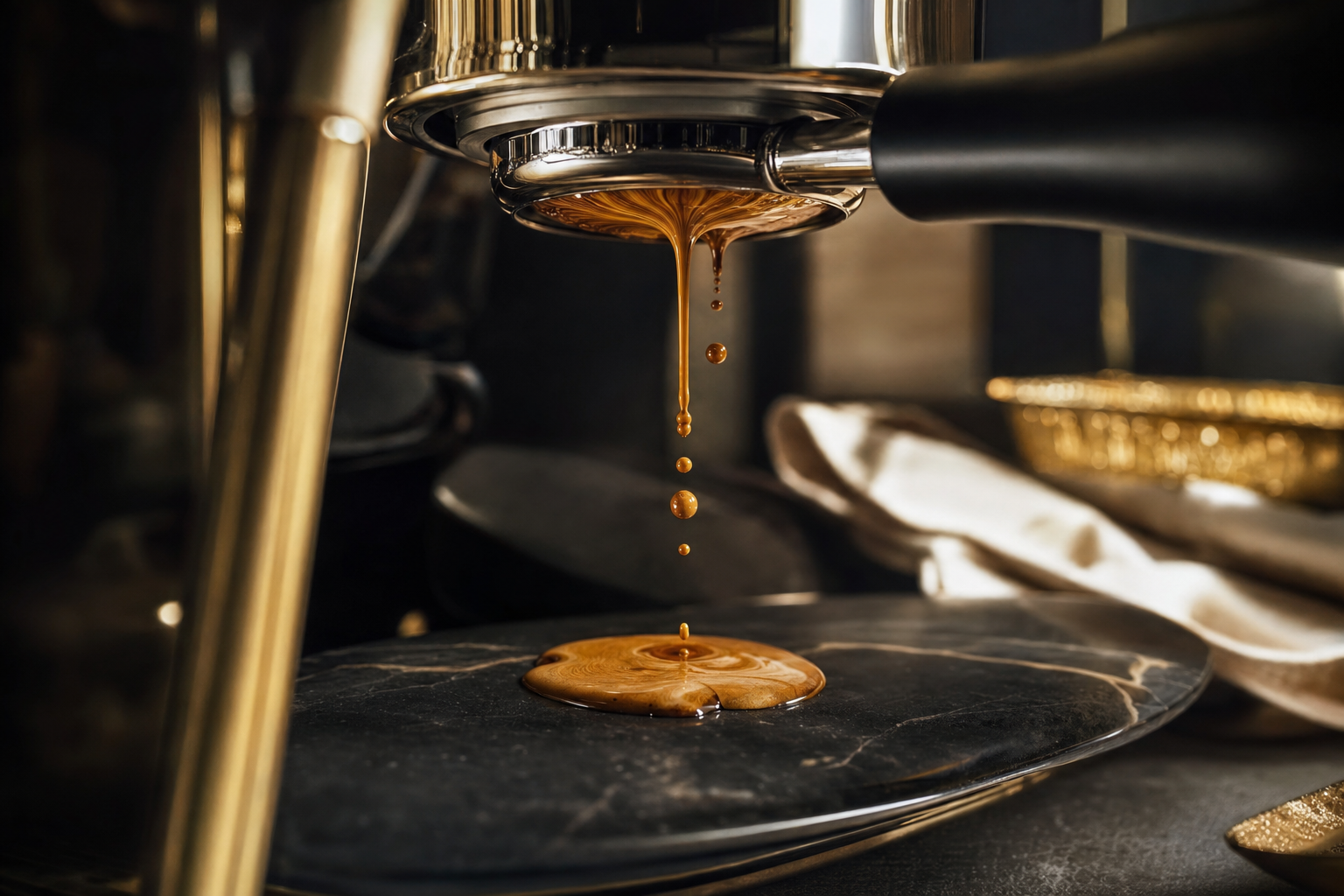 Espresso pouring from portafilter with rich crema on black stone.