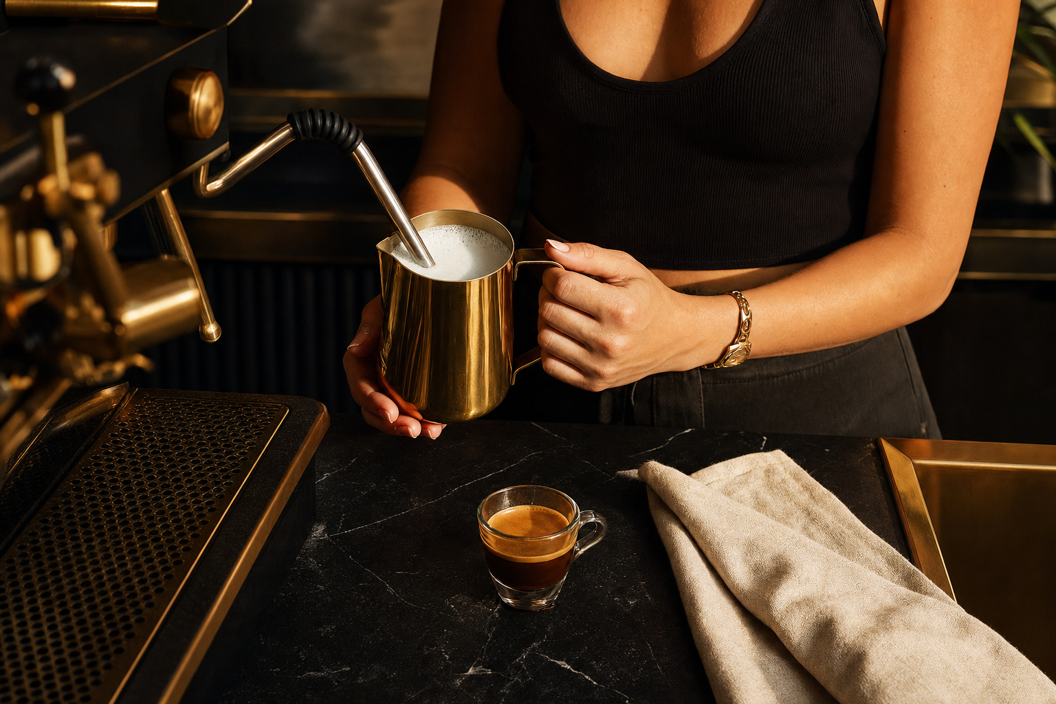Barista steaming milk next to espresso shot on luxury café counter.
