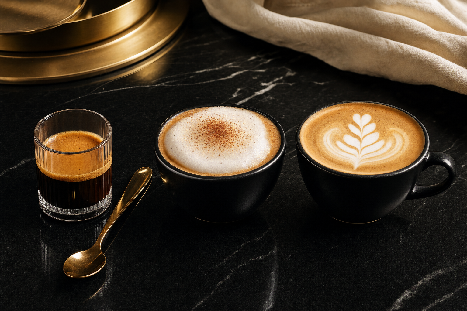 Espresso, cappuccino, and latte on polished black stone with brass accents.