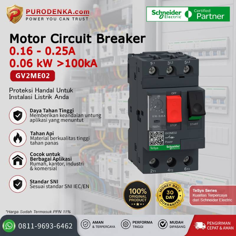 SCHNEIDER Motor Circuit Breaker 3P 0.16-0.25A 0.6kW >100kA GV2ME02