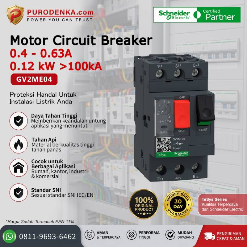 SCHNEIDER Motor Circuit Breaker 3P 0.4-0.63A 0.12kW >100kA GV2ME04
